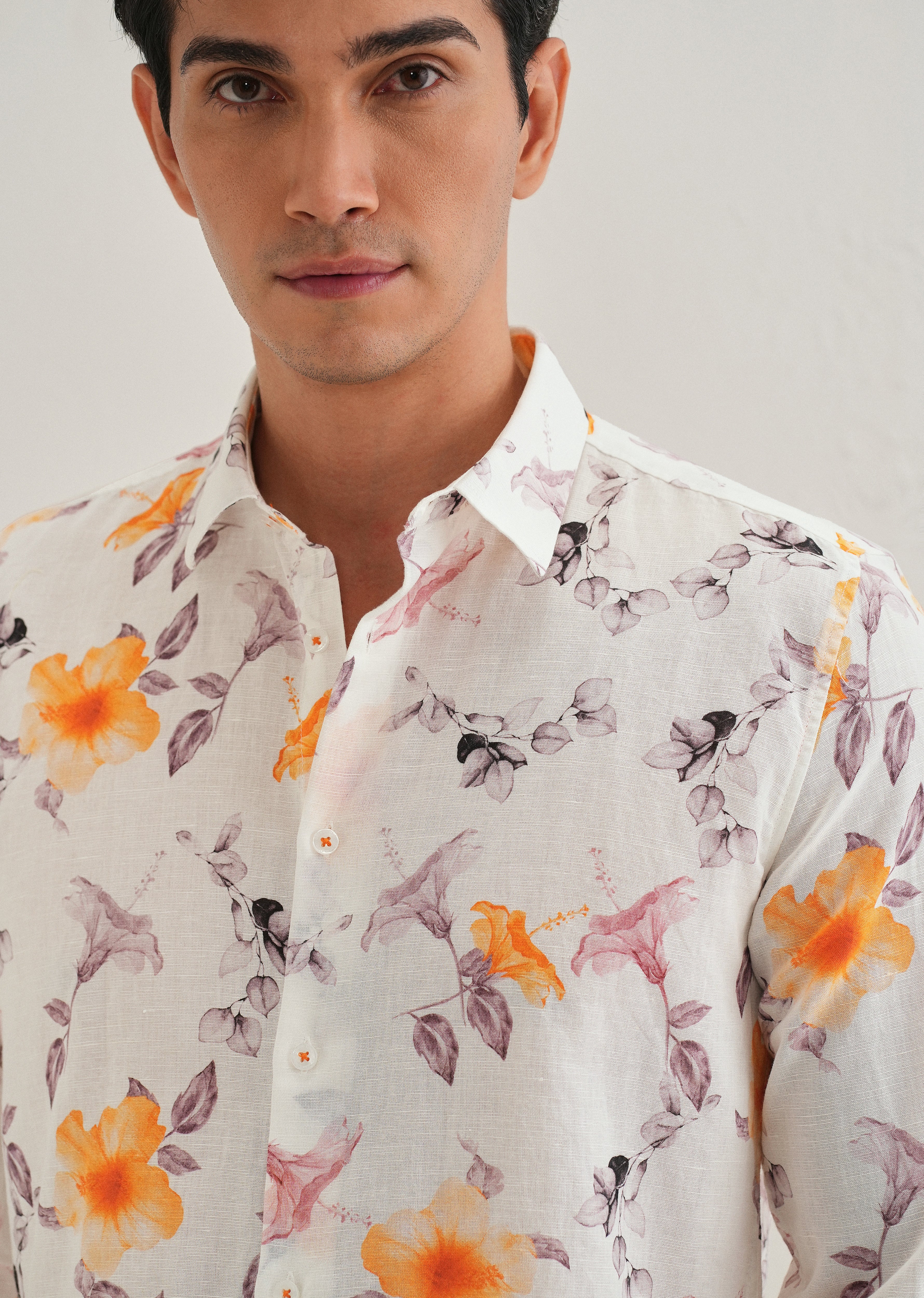 Orange Hibiscus Printed Cotton Linen Shirt