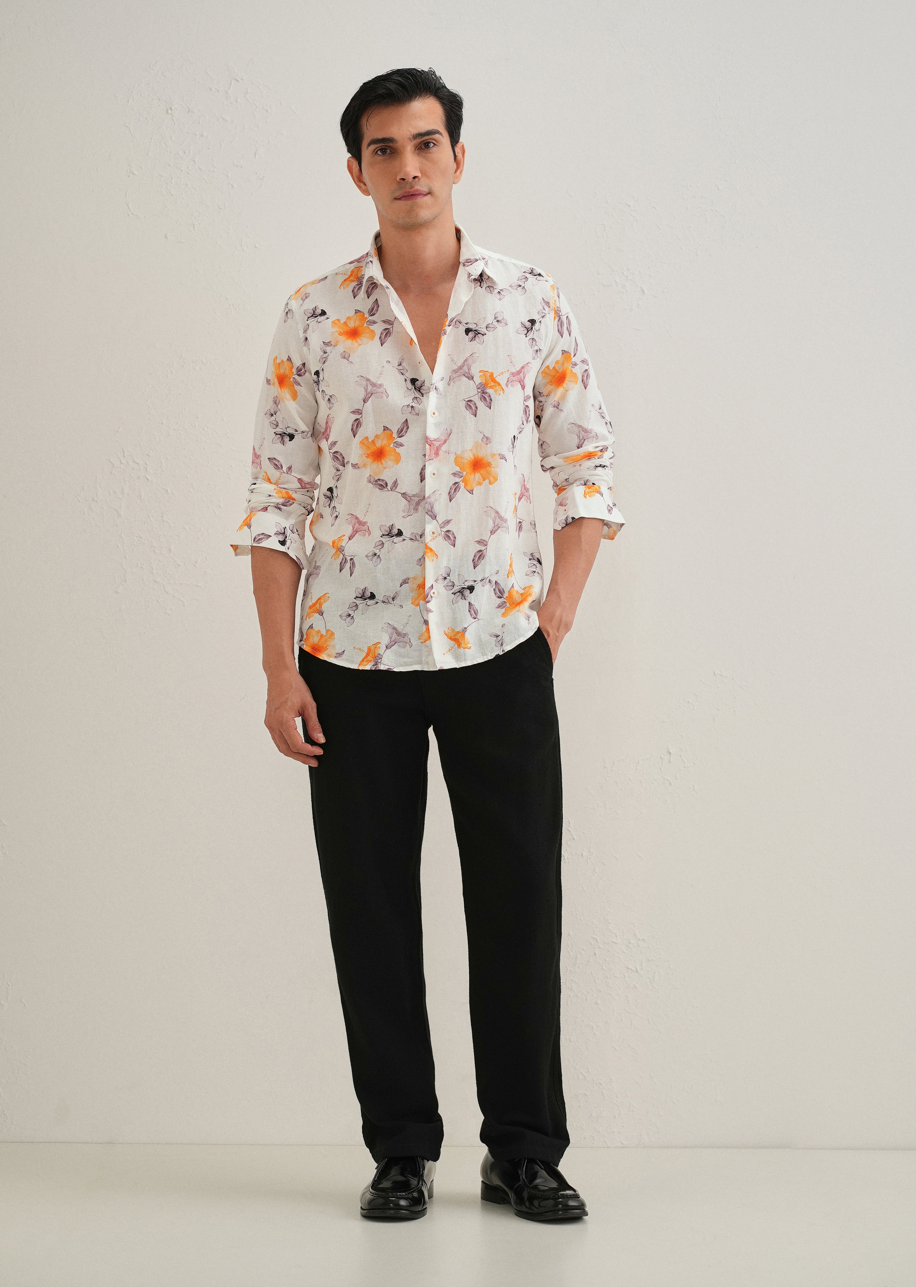 Orange Hibiscus Printed Cotton Linen Shirt