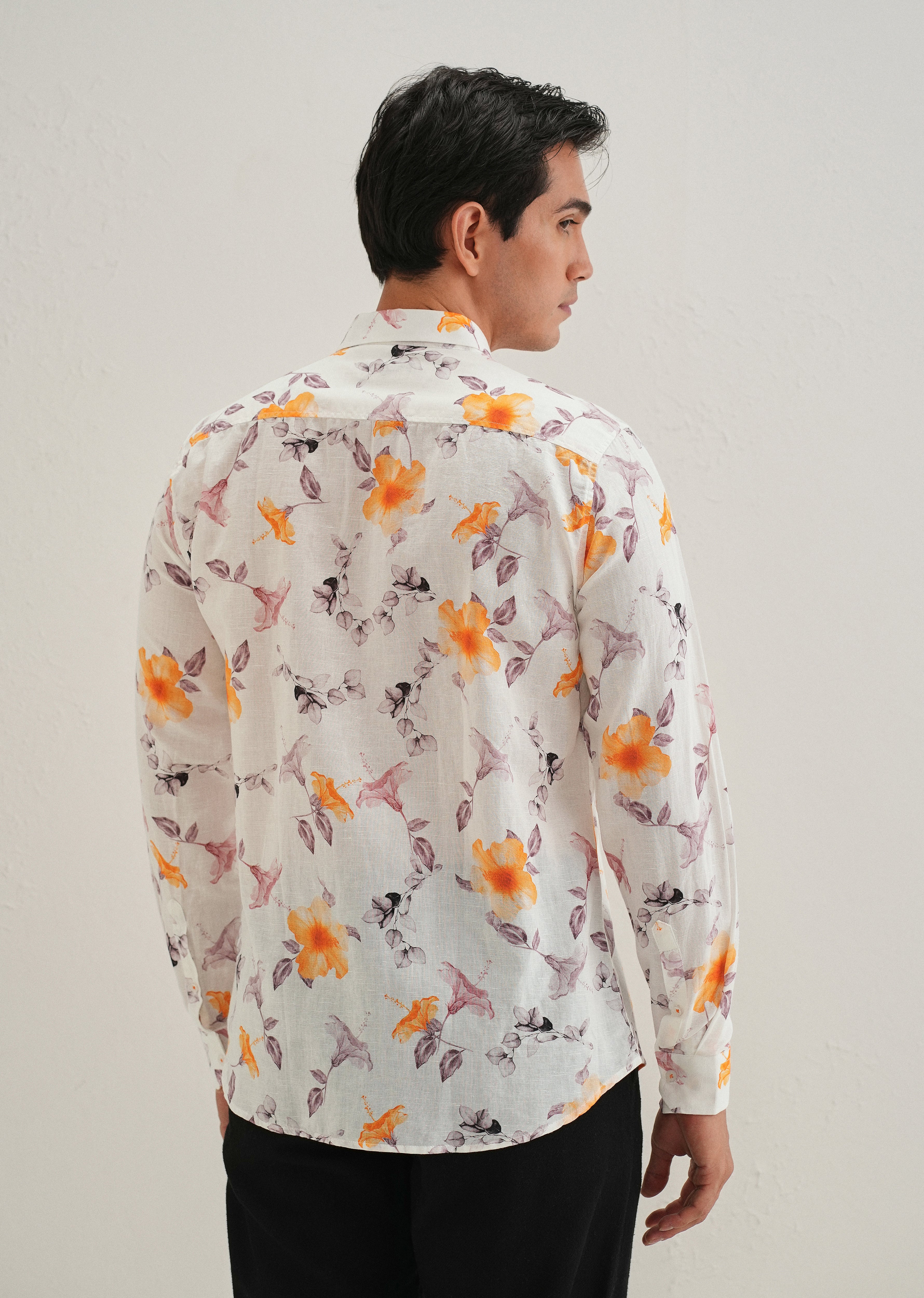 Orange Hibiscus Printed Cotton Linen Shirt