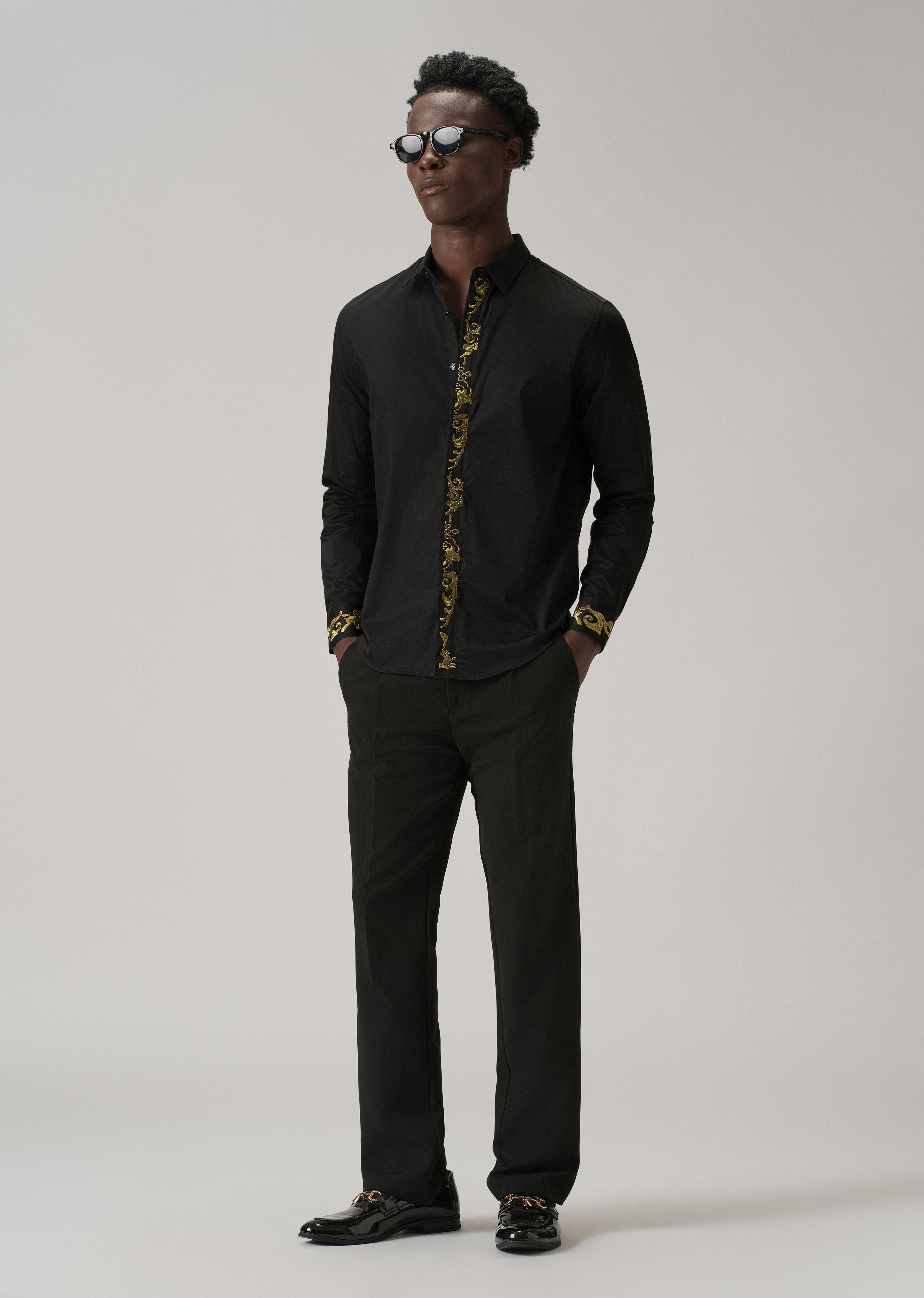 Ornate Embroidered Panel Black Designer Shirt