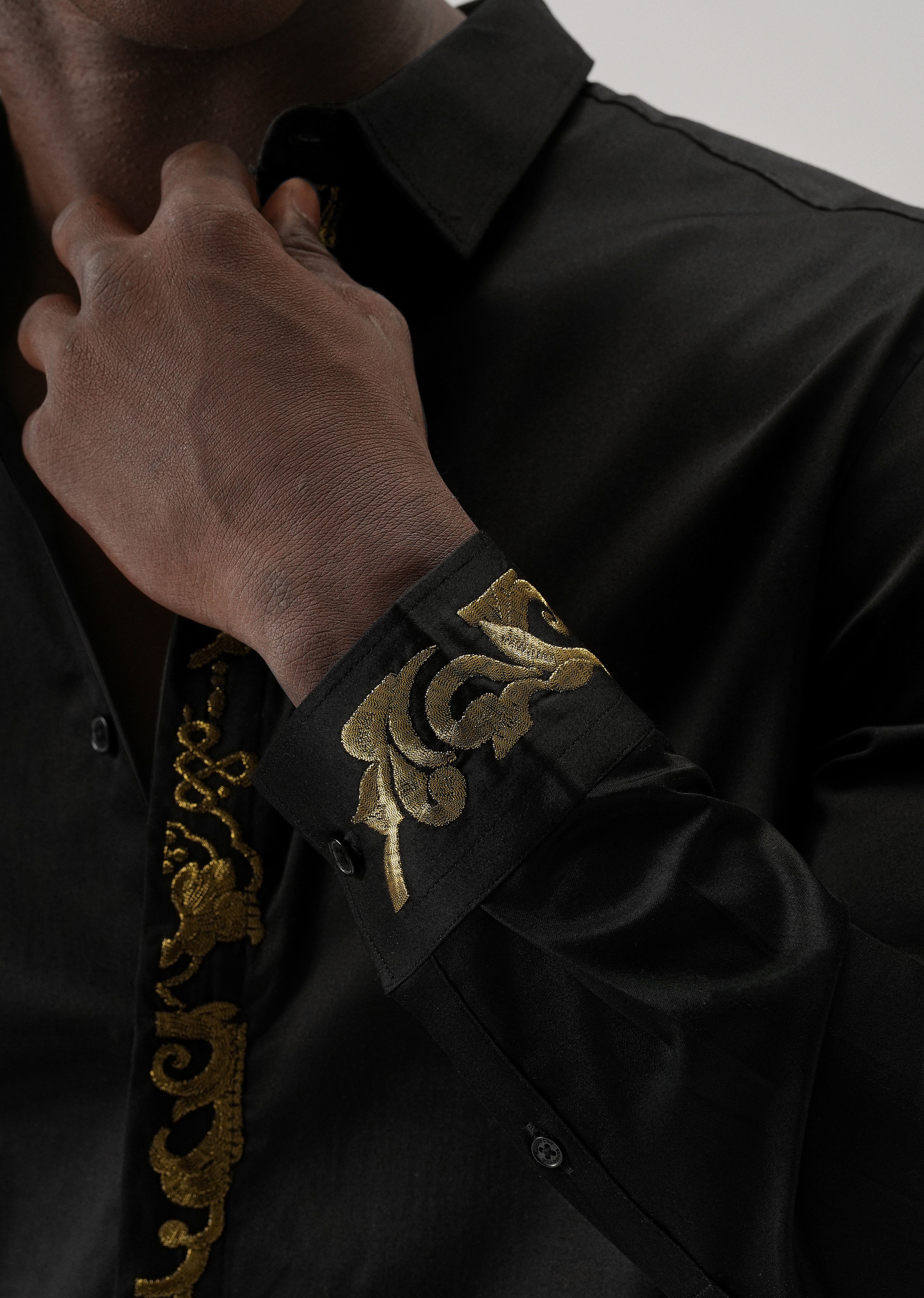 Ornate Embroidered Panel Black Designer Shirt