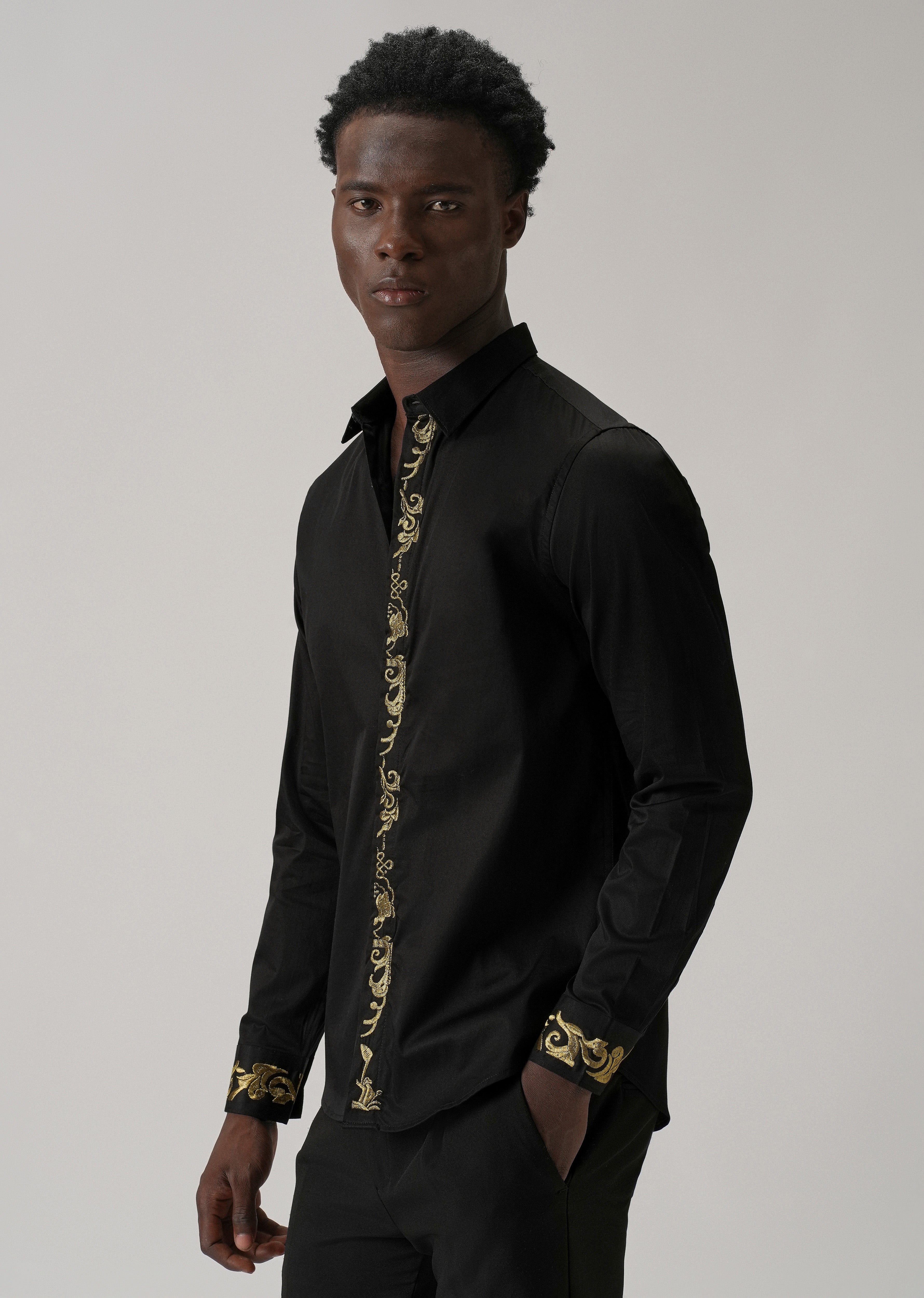 Ornate Embroidered Panel Black Designer Shirt