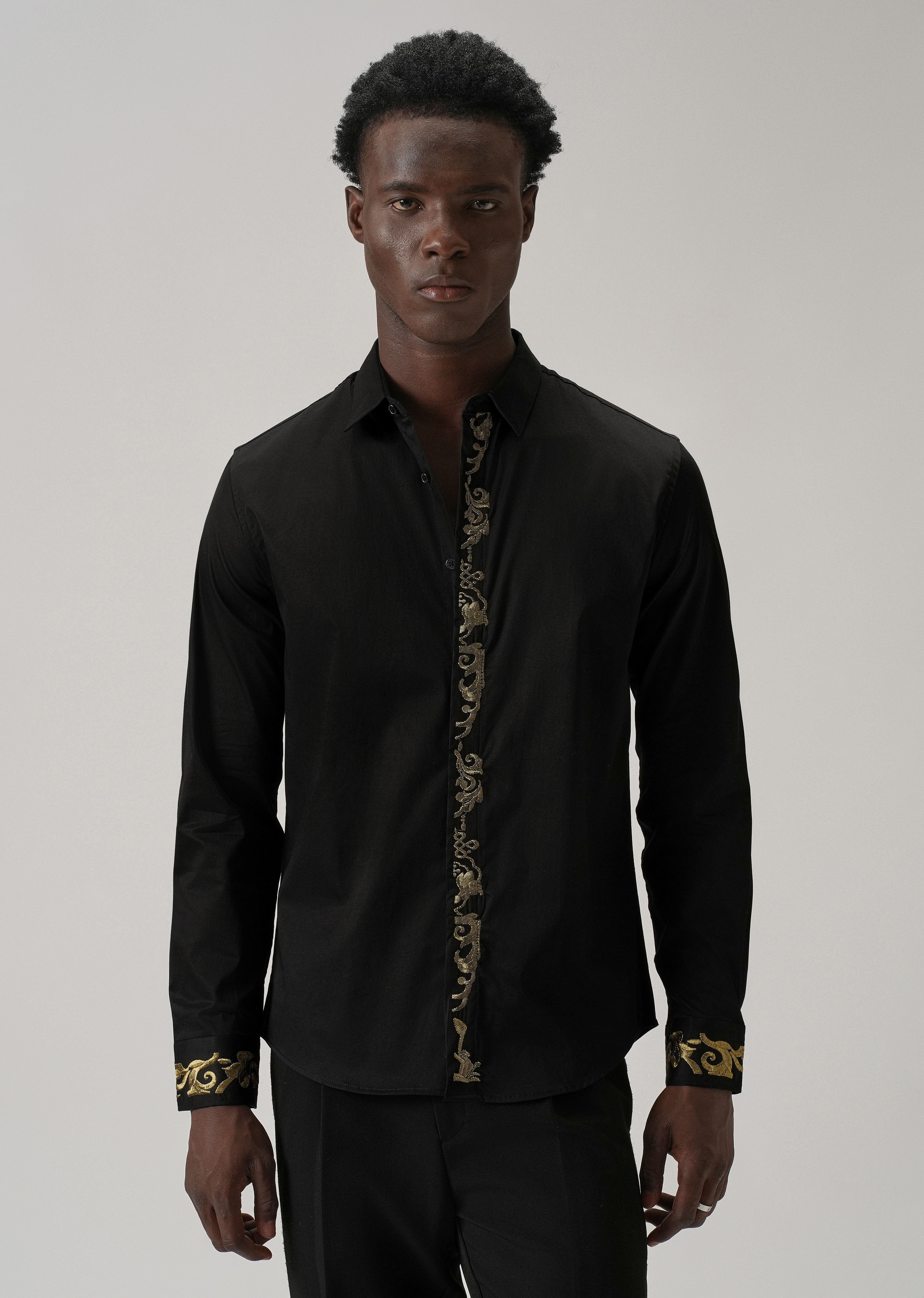 Ornate Embroidered Panel Black Designer Shirt