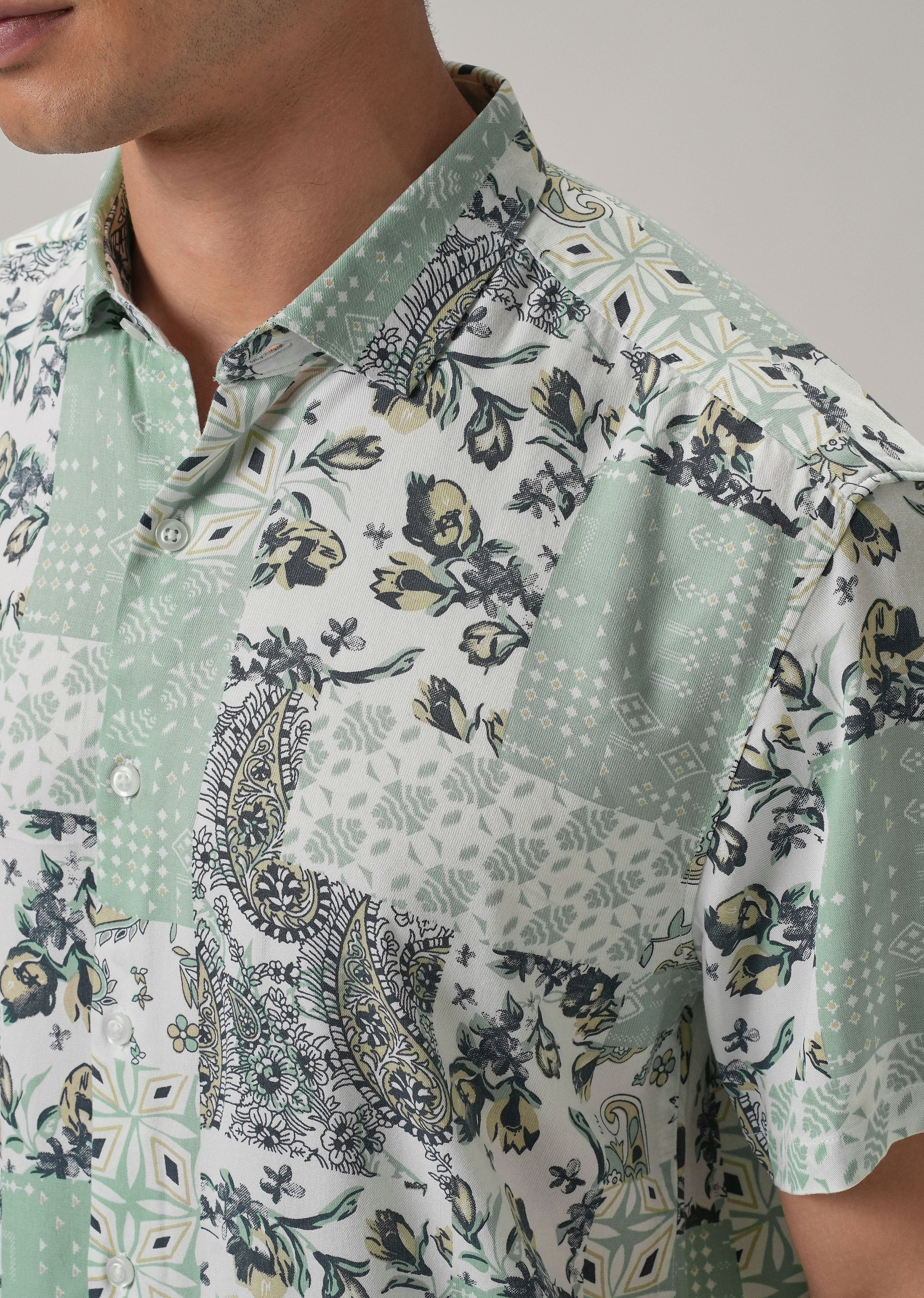 Paisley Mint Green Print Half Sleeve Shirt