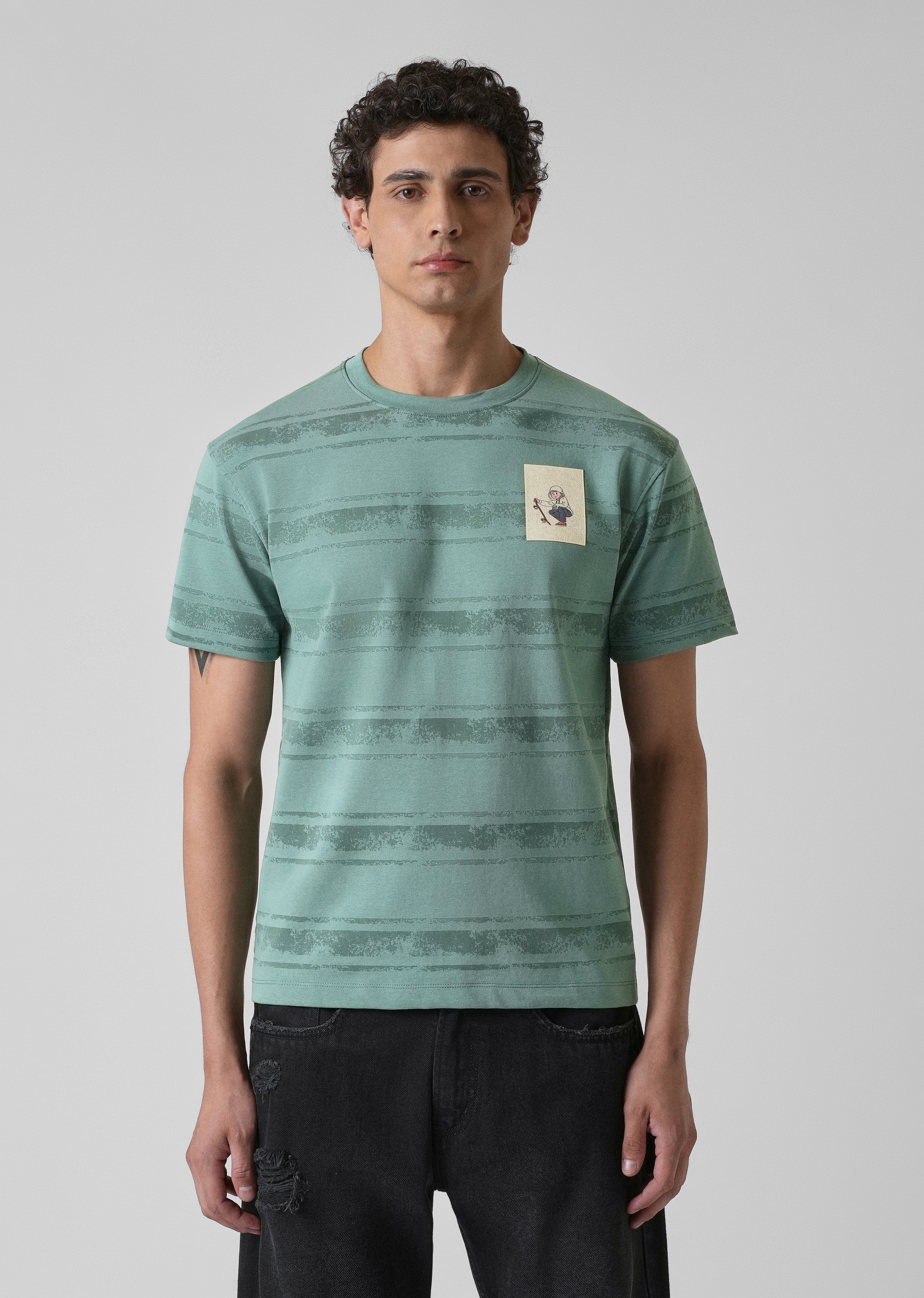 Green Horizontal Strip Printed Slim Fit T-shirt