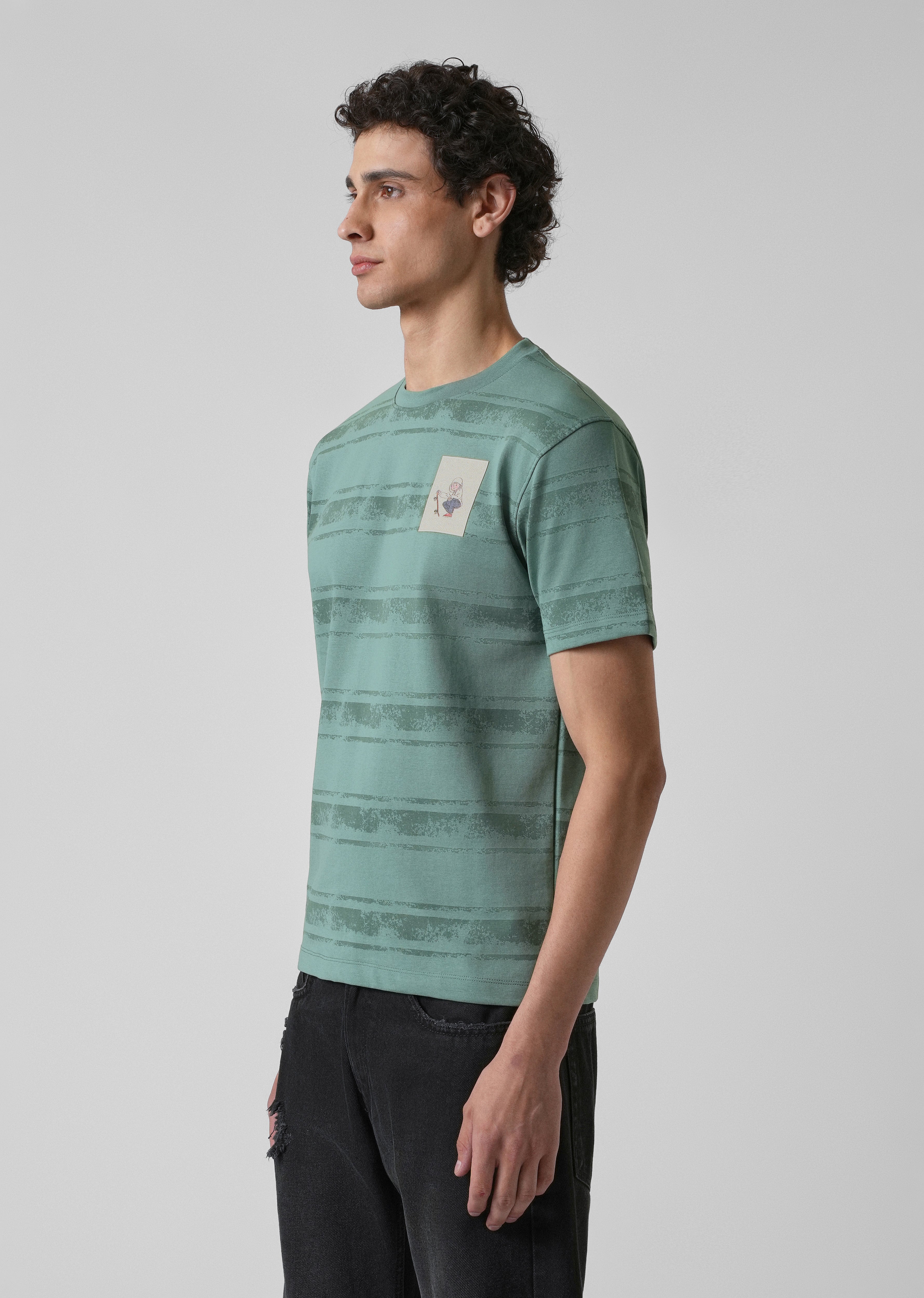 Green Horizontal Strip Printed Slim Fit T-shirt