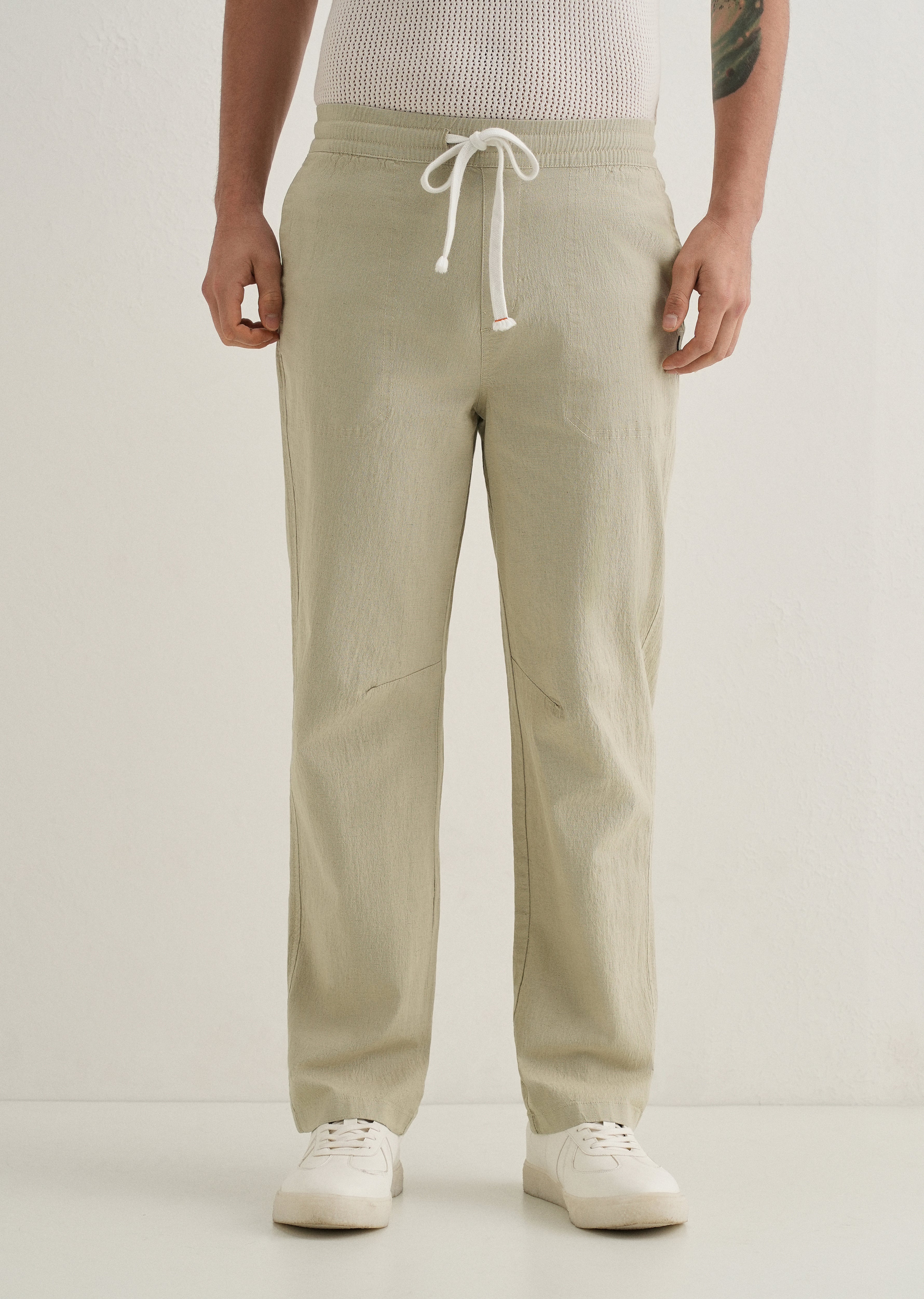 Pale Khaki Drawstring Cotton Linen Pant