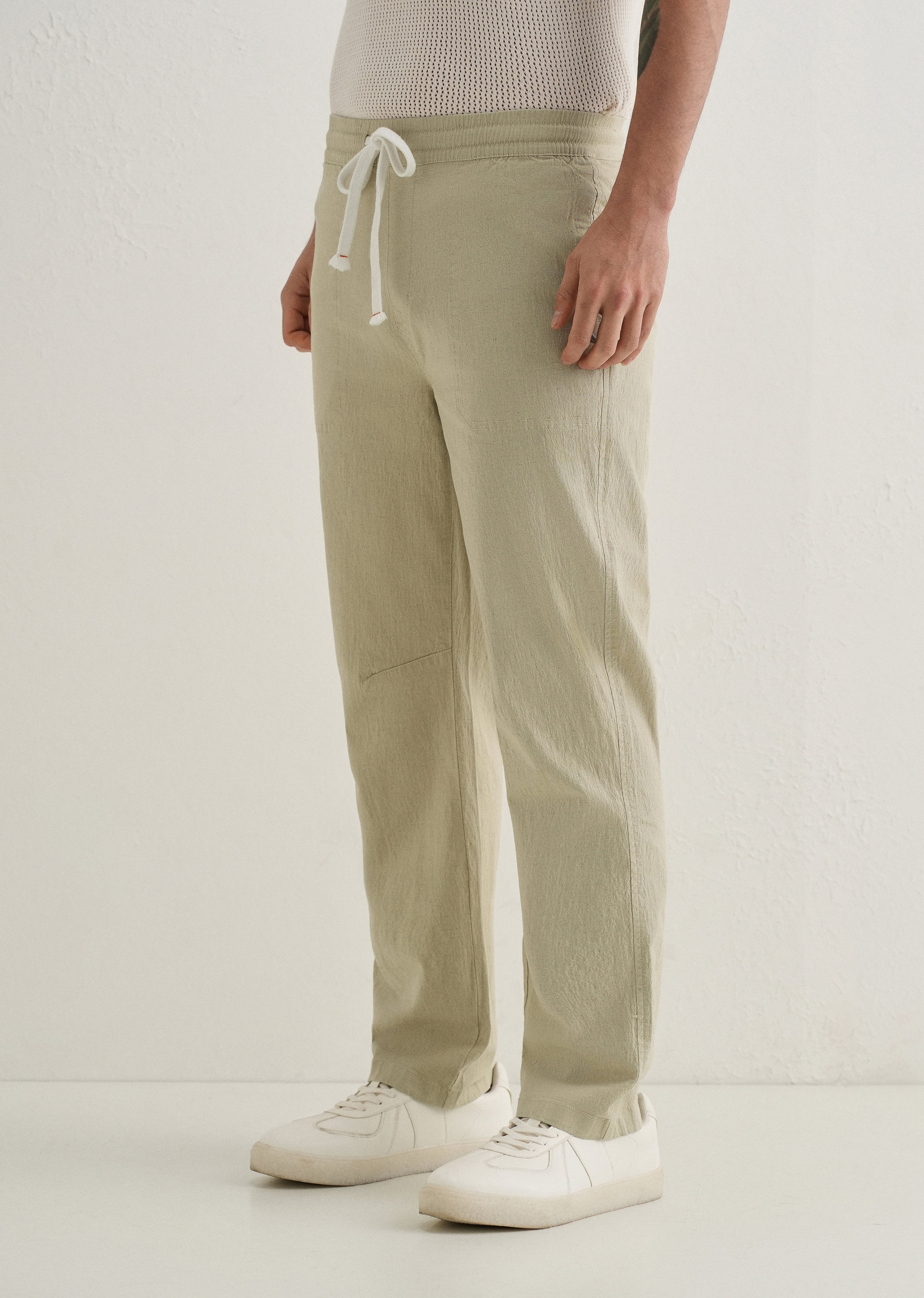 Pale Khaki Drawstring Cotton Linen Pant