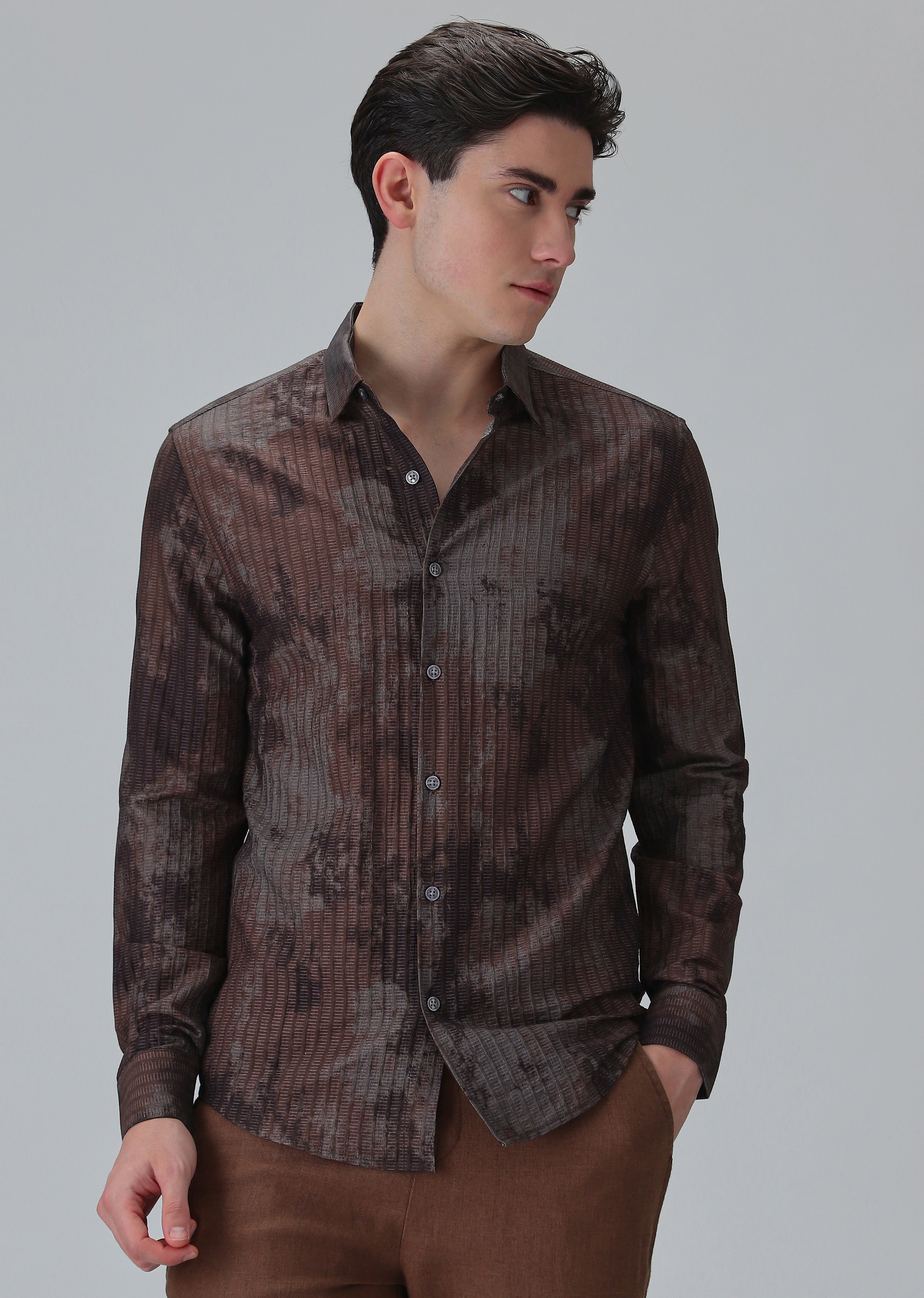 Paralleled Line Brown Printed Shirt