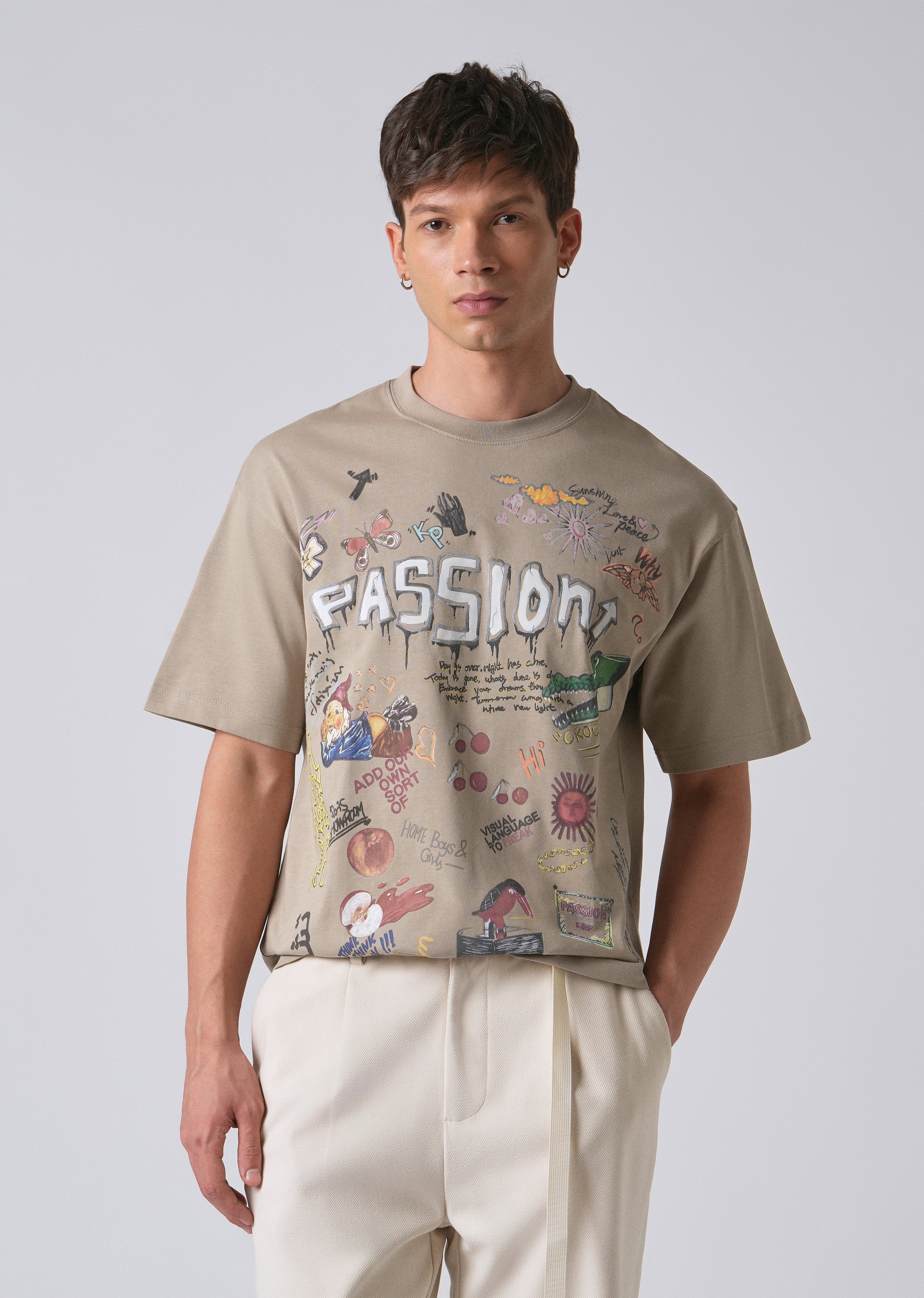 Passion Beige Printed Oversized T-shirt