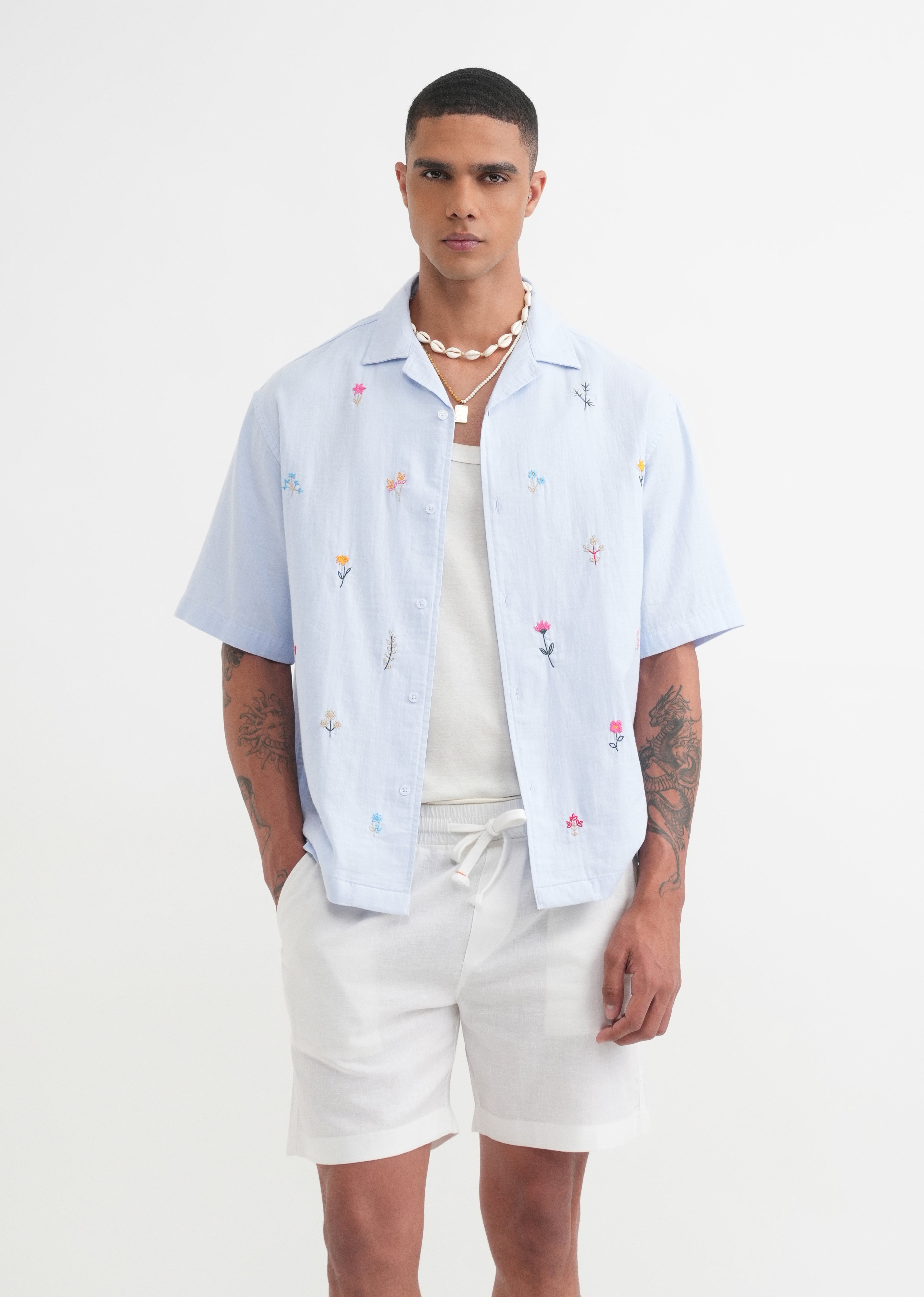 Pastel Blue Floral Embroidery Shirt
