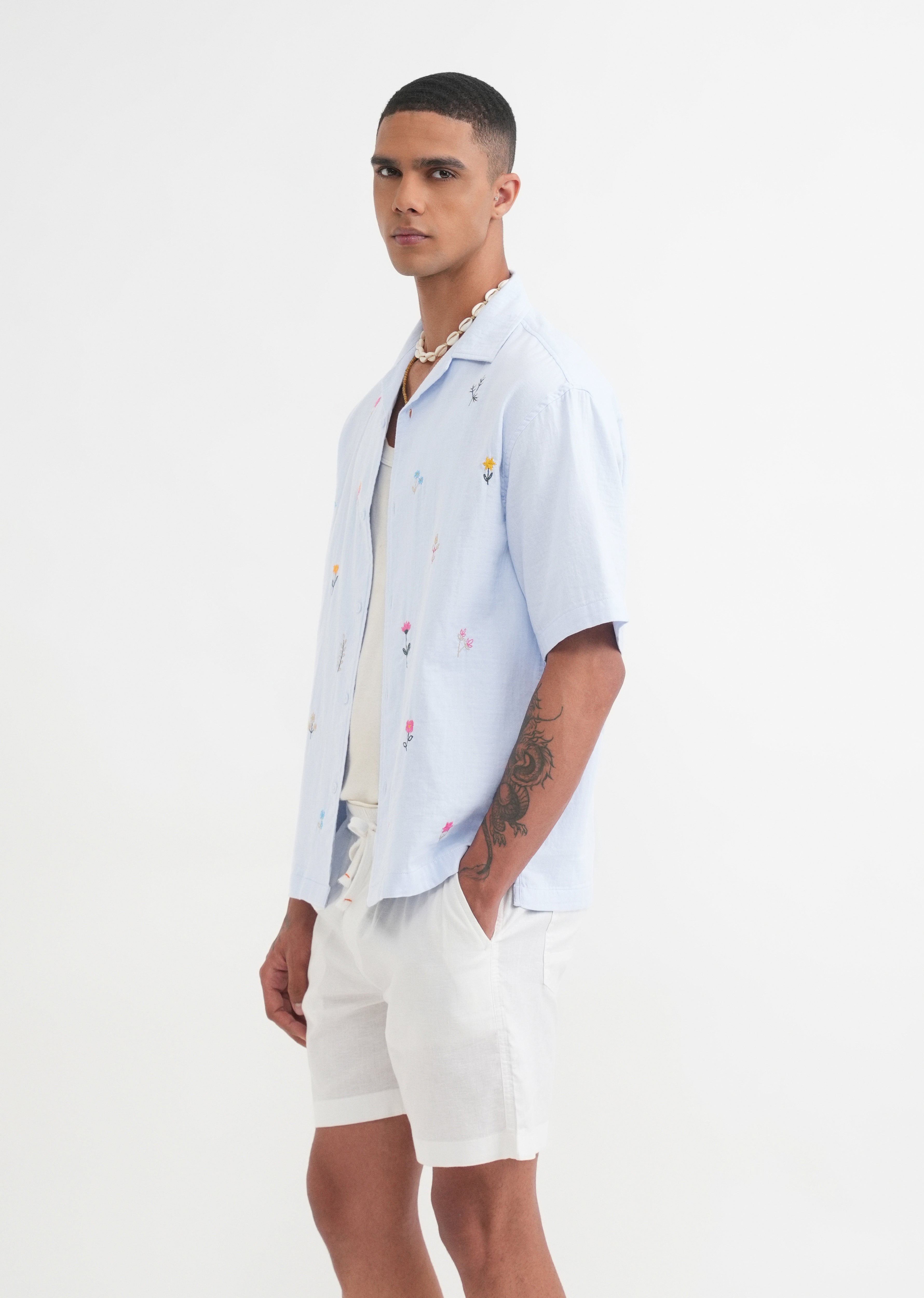 Pastel Blue Floral Embroidery Shirt