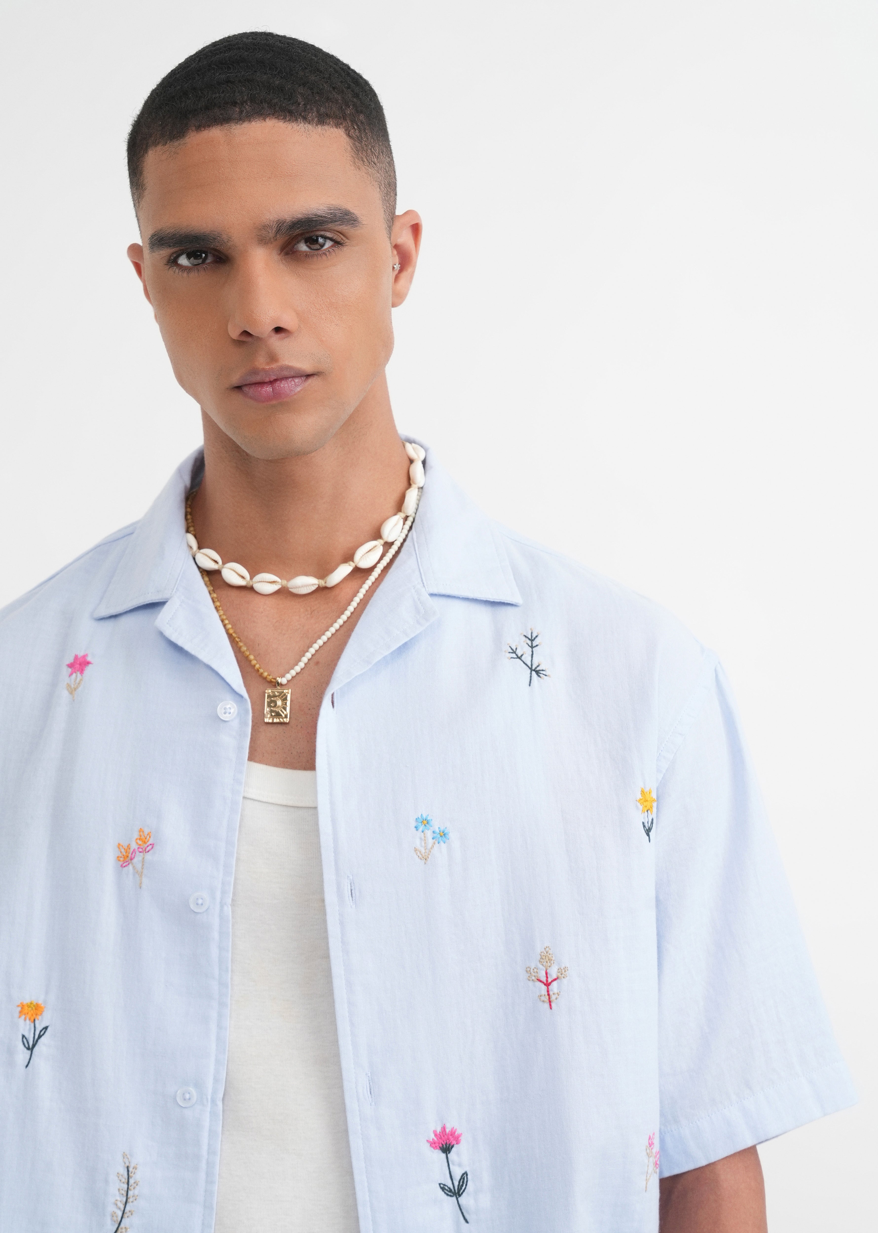 Pastel Blue Floral Embroidery Shirt