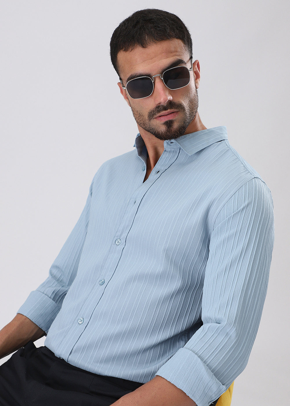 Pastel Blue Plain Self Striped Shirt