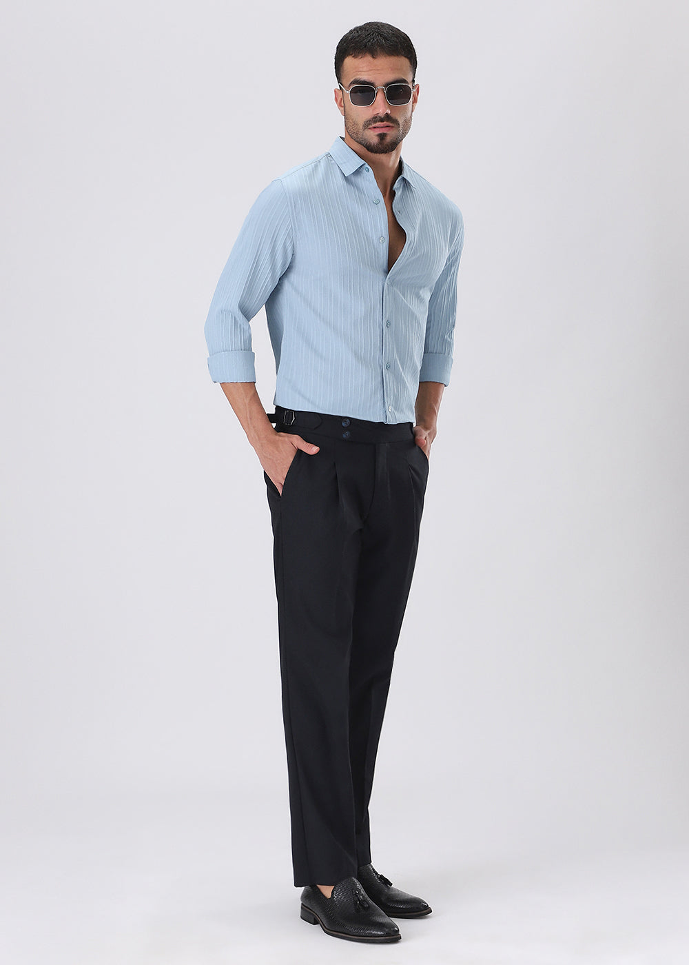 Pastel Blue Plain Self Striped Shirt