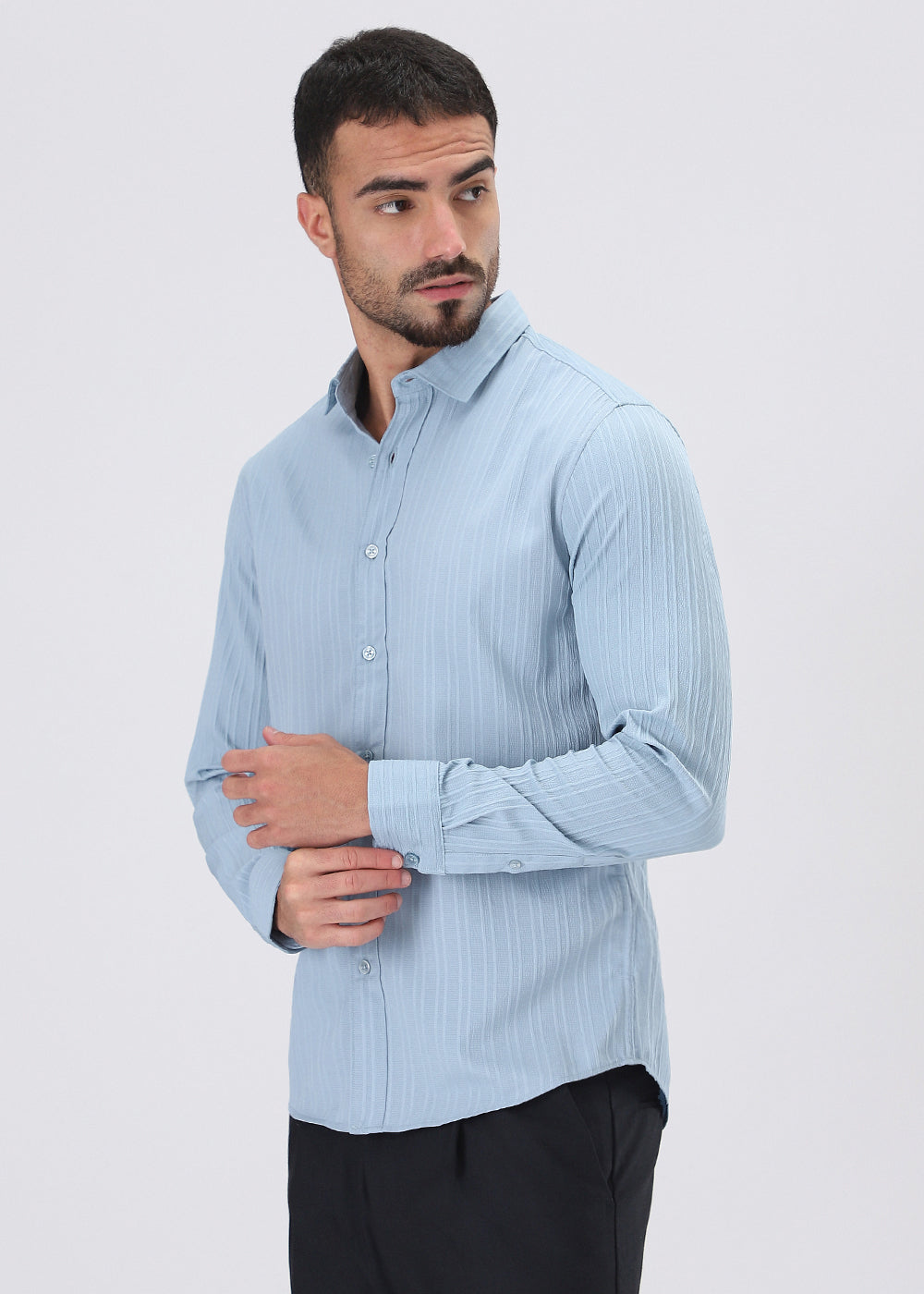 Pastel Blue Plain Self Striped Shirt