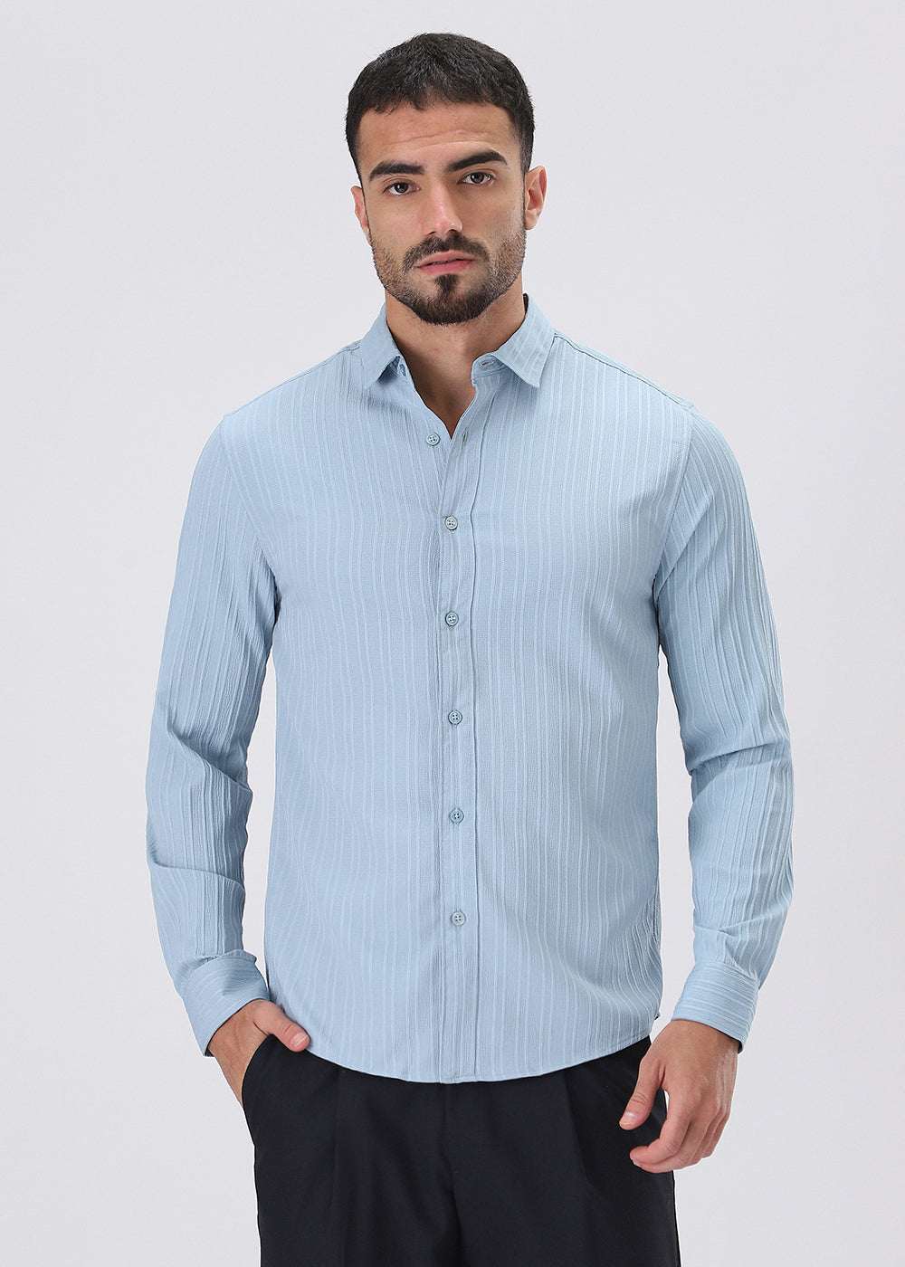 Pastel Blue Plain Self Striped Shirt