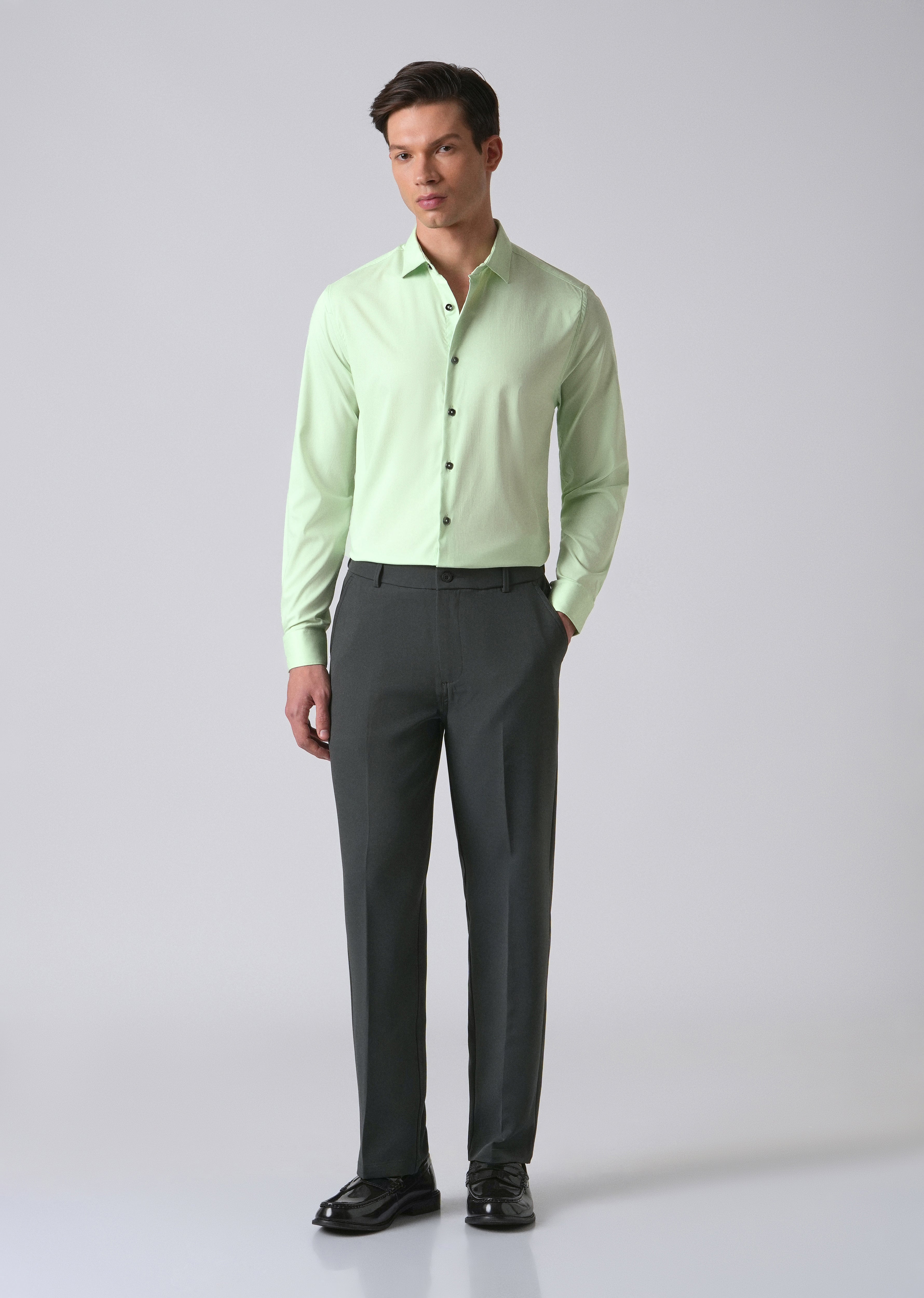 Pastel Green Cotton Stretch Plain Shirt