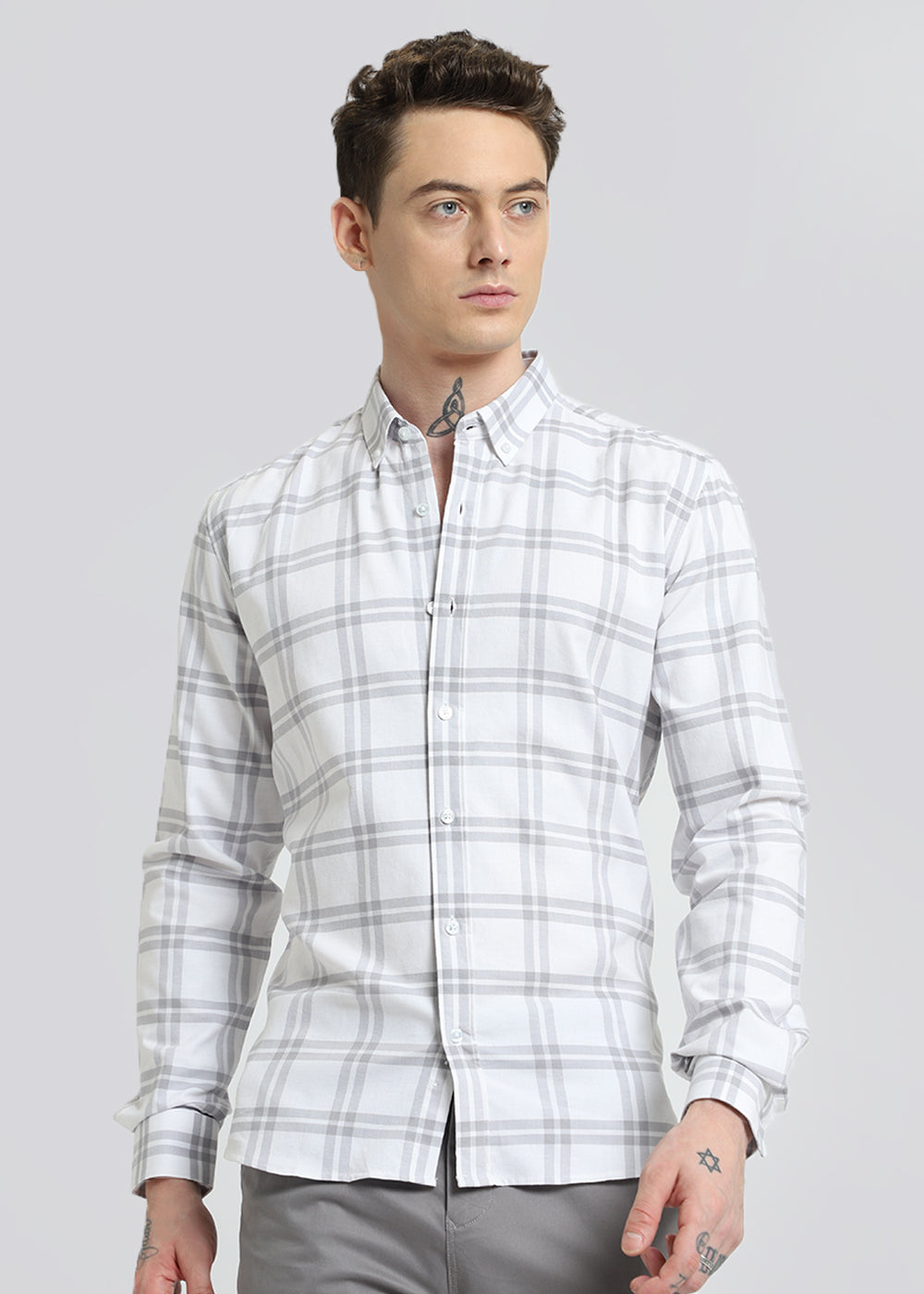 Pastel Grey Oxford Cotton Check Shirt