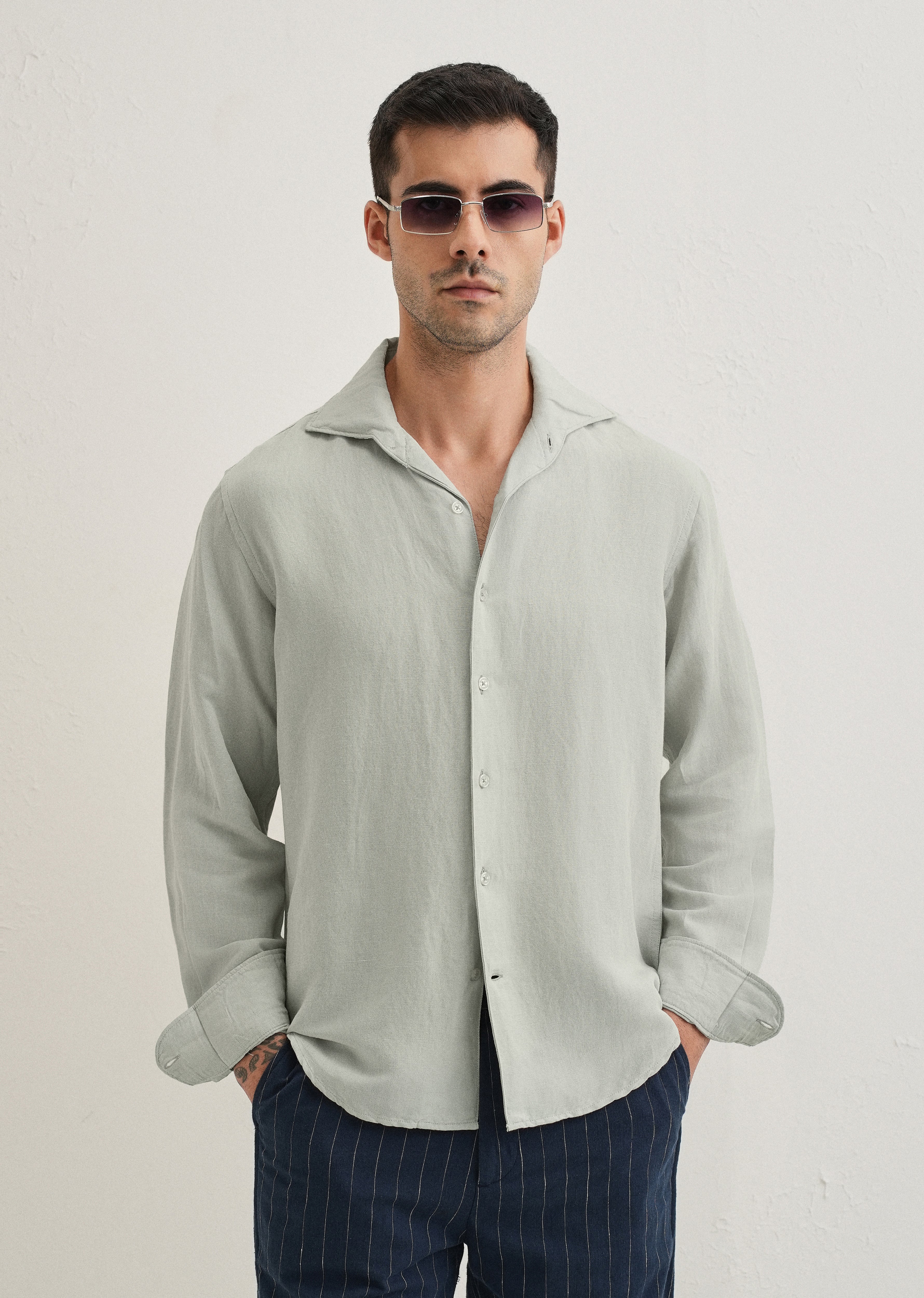 Pastel Grey Plain Linen Viscose Shirt