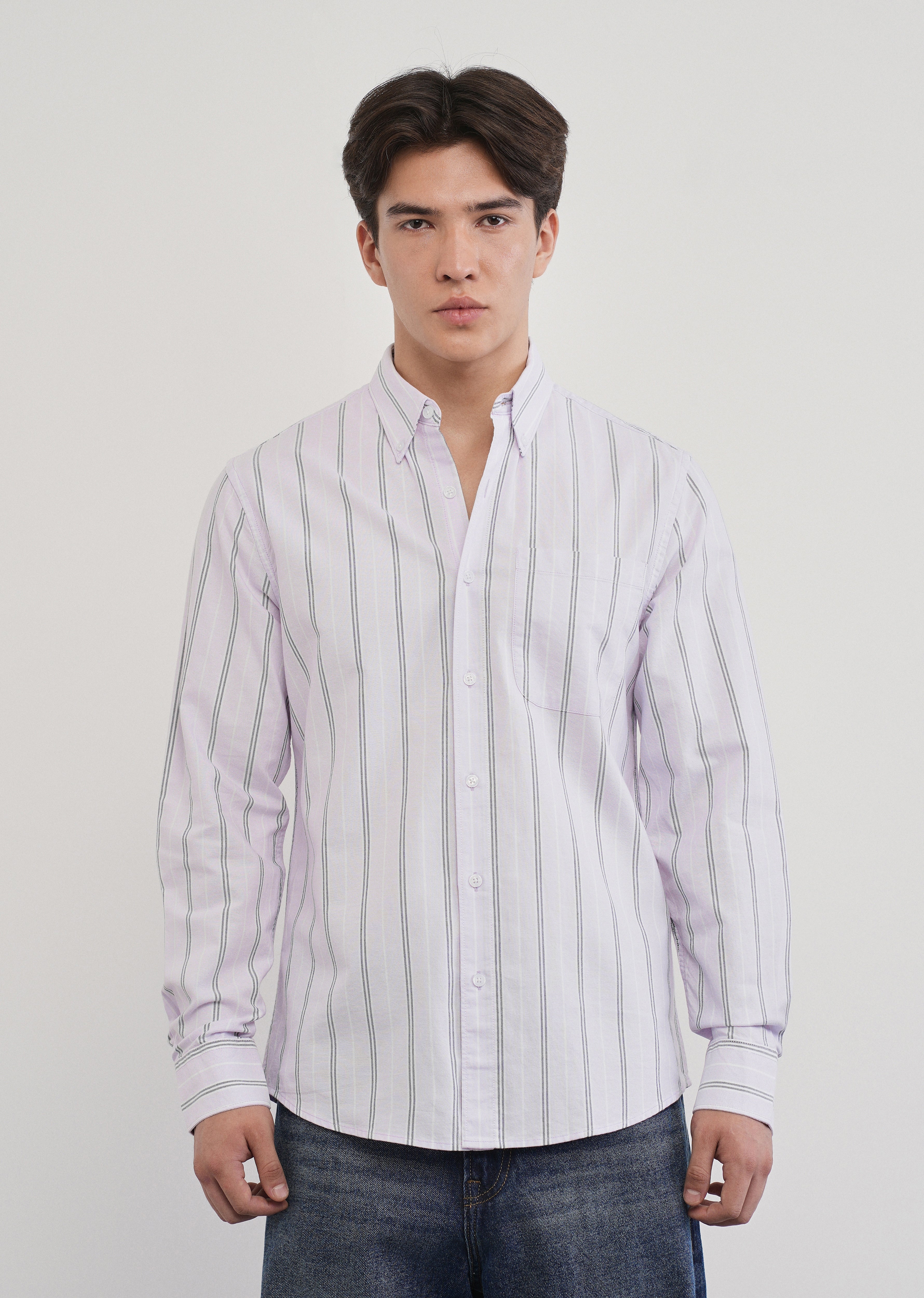 Pastel Lilac Vertical Striped Cotton Shirt