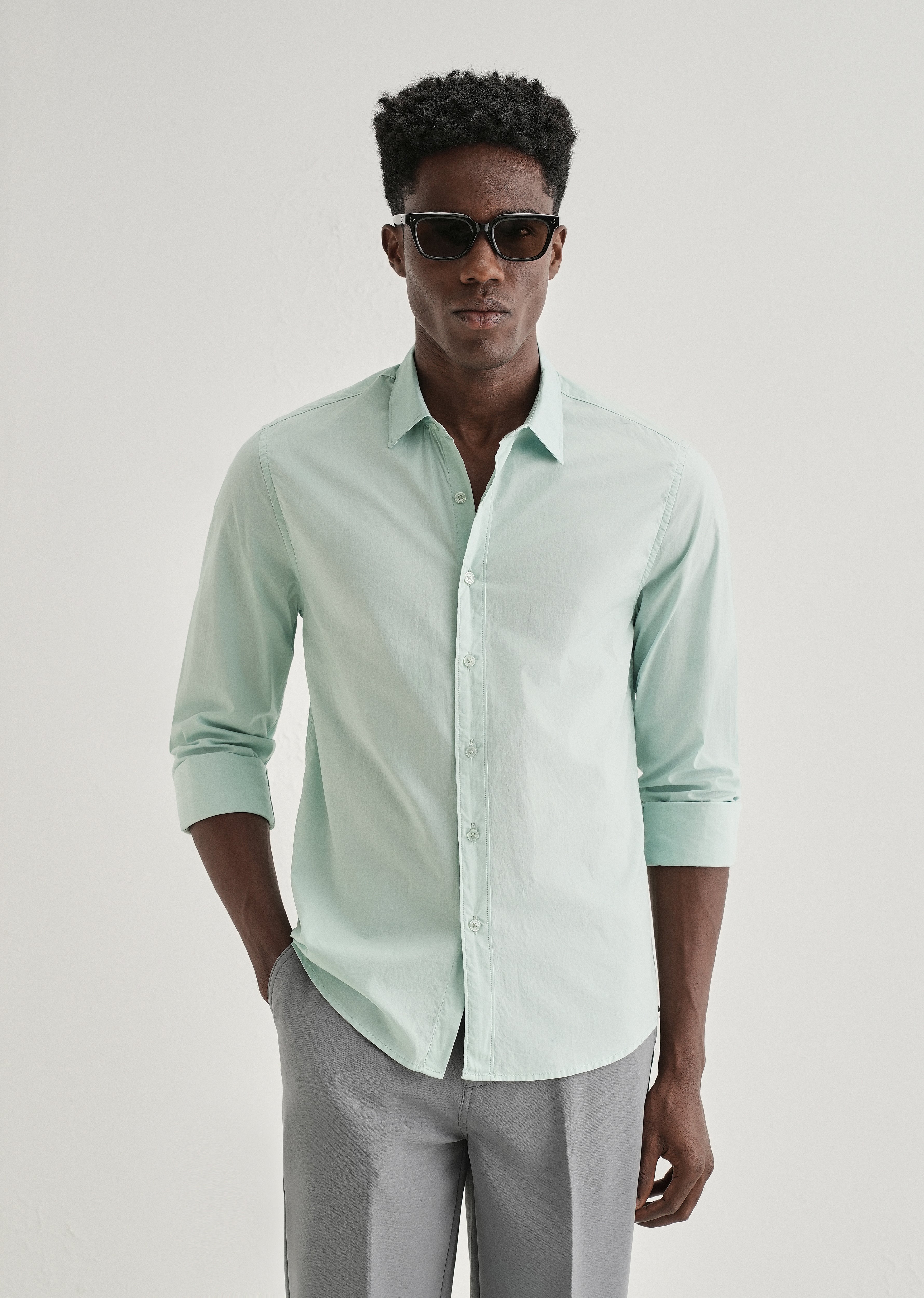 Pastel Mint Green Plain Cotton Shirt