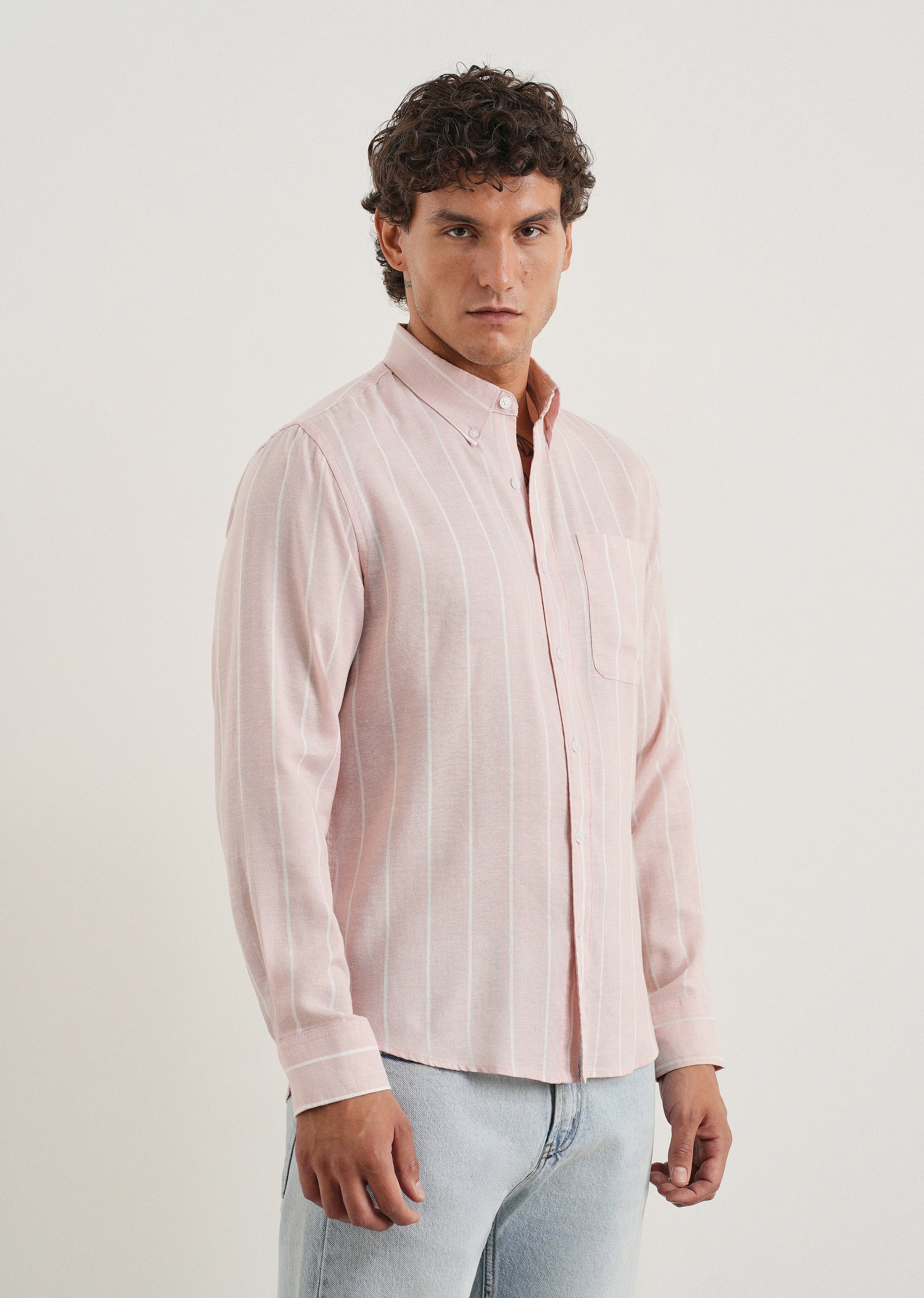 Pastel Pink Lyocell Linen Stripe Shirt