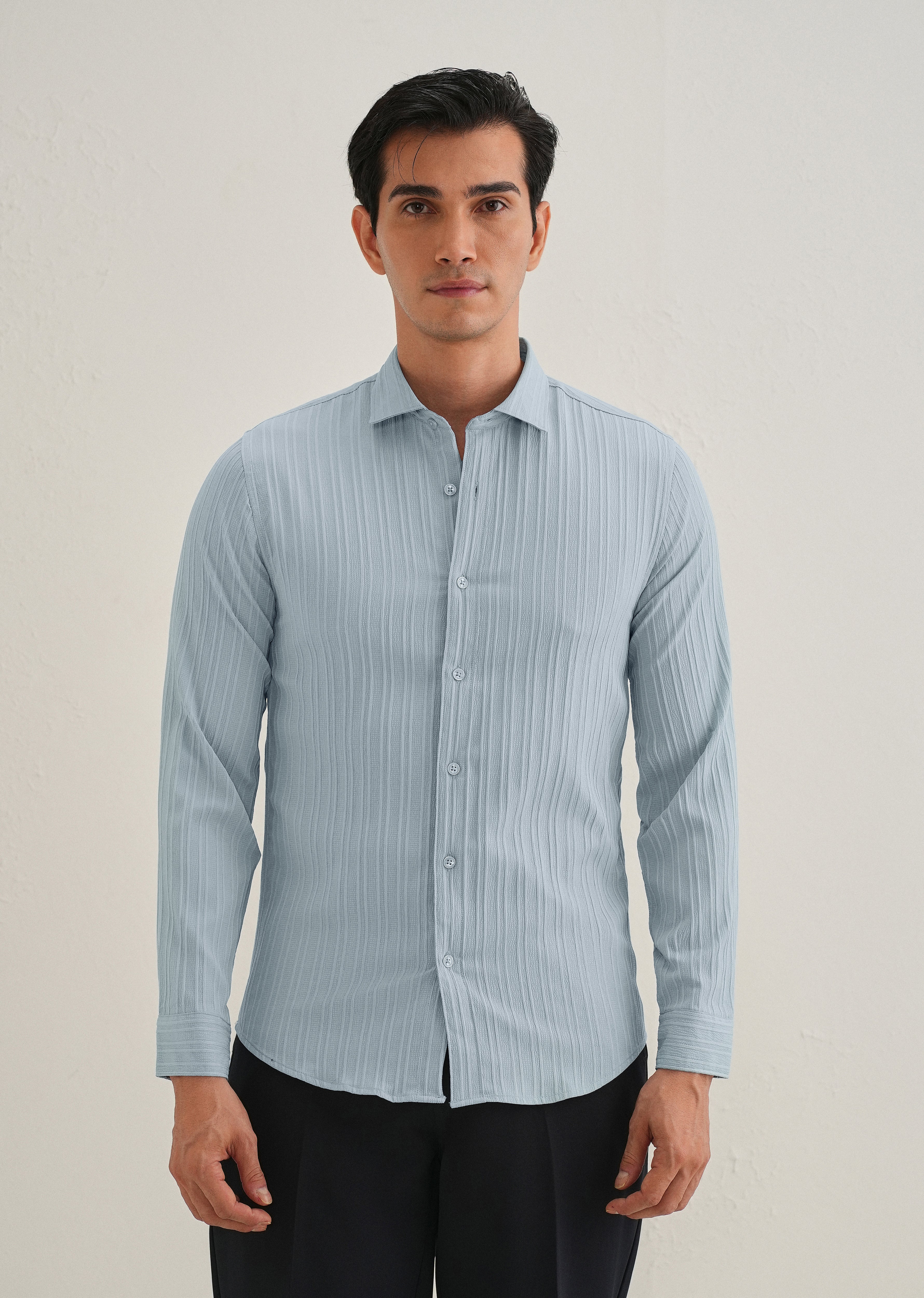 Pastel Blue Plain Self Striped Shirt