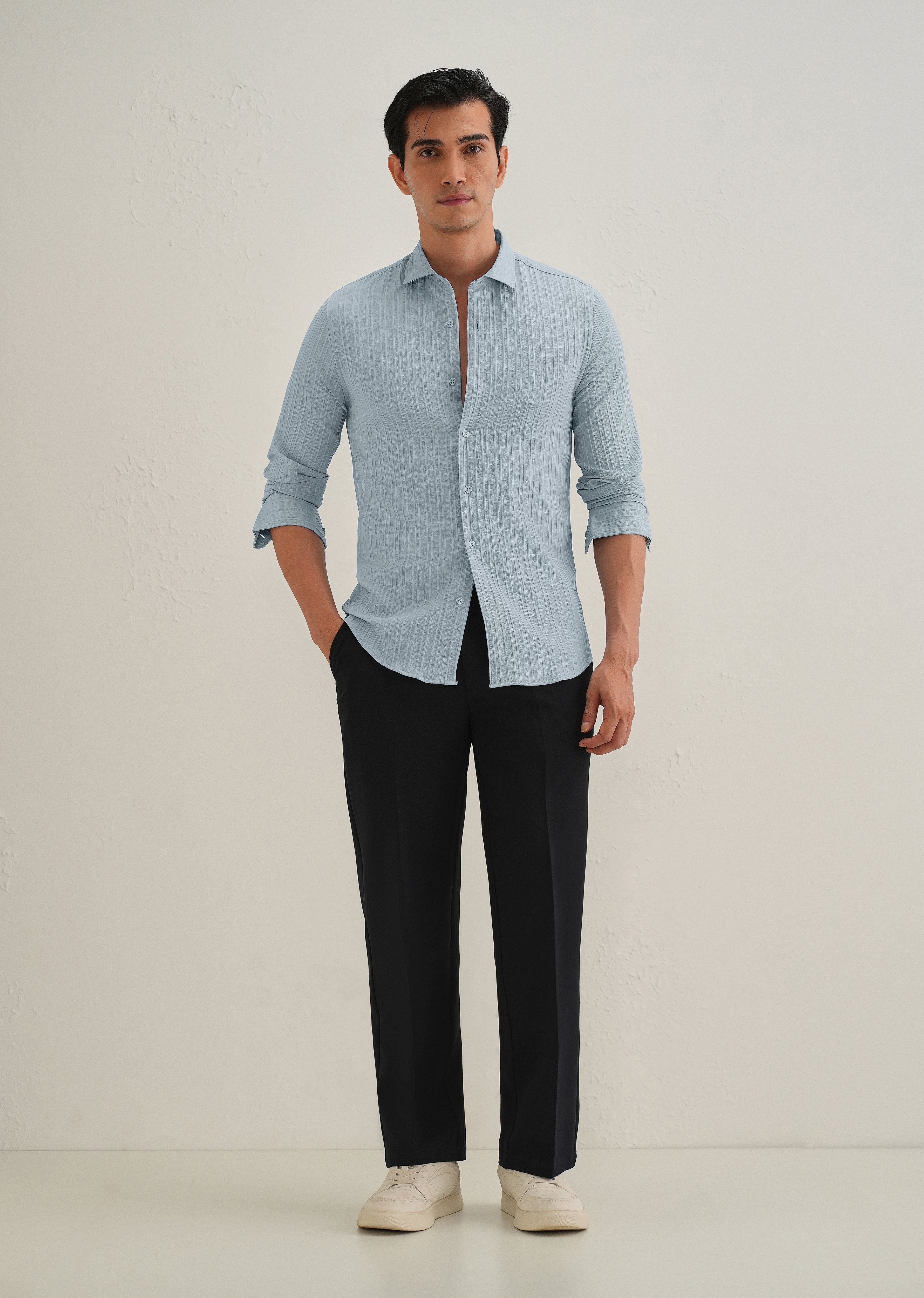 Pastel Blue Plain Self Striped Shirt