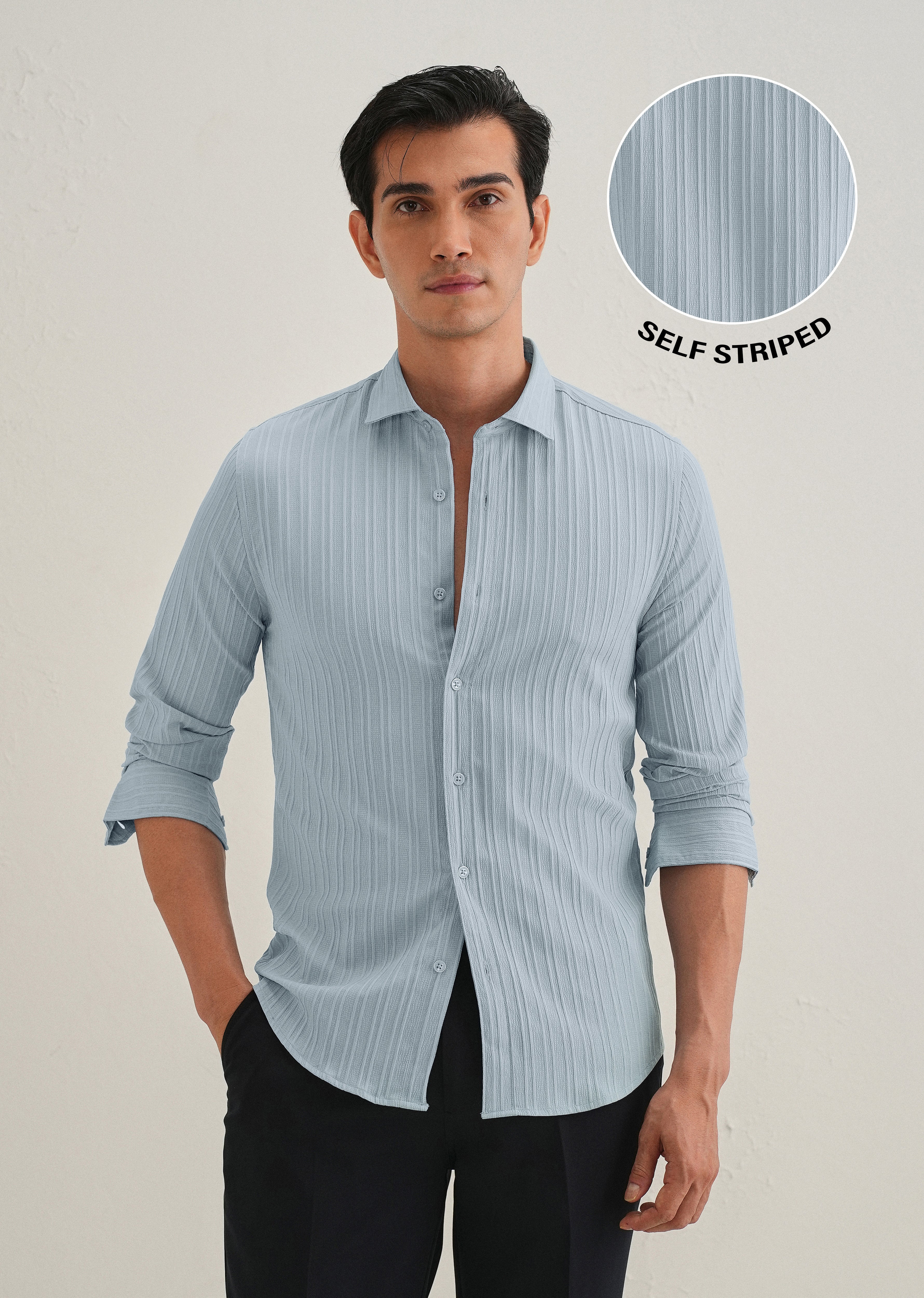 Pastel Blue Plain Self Striped Shirt
