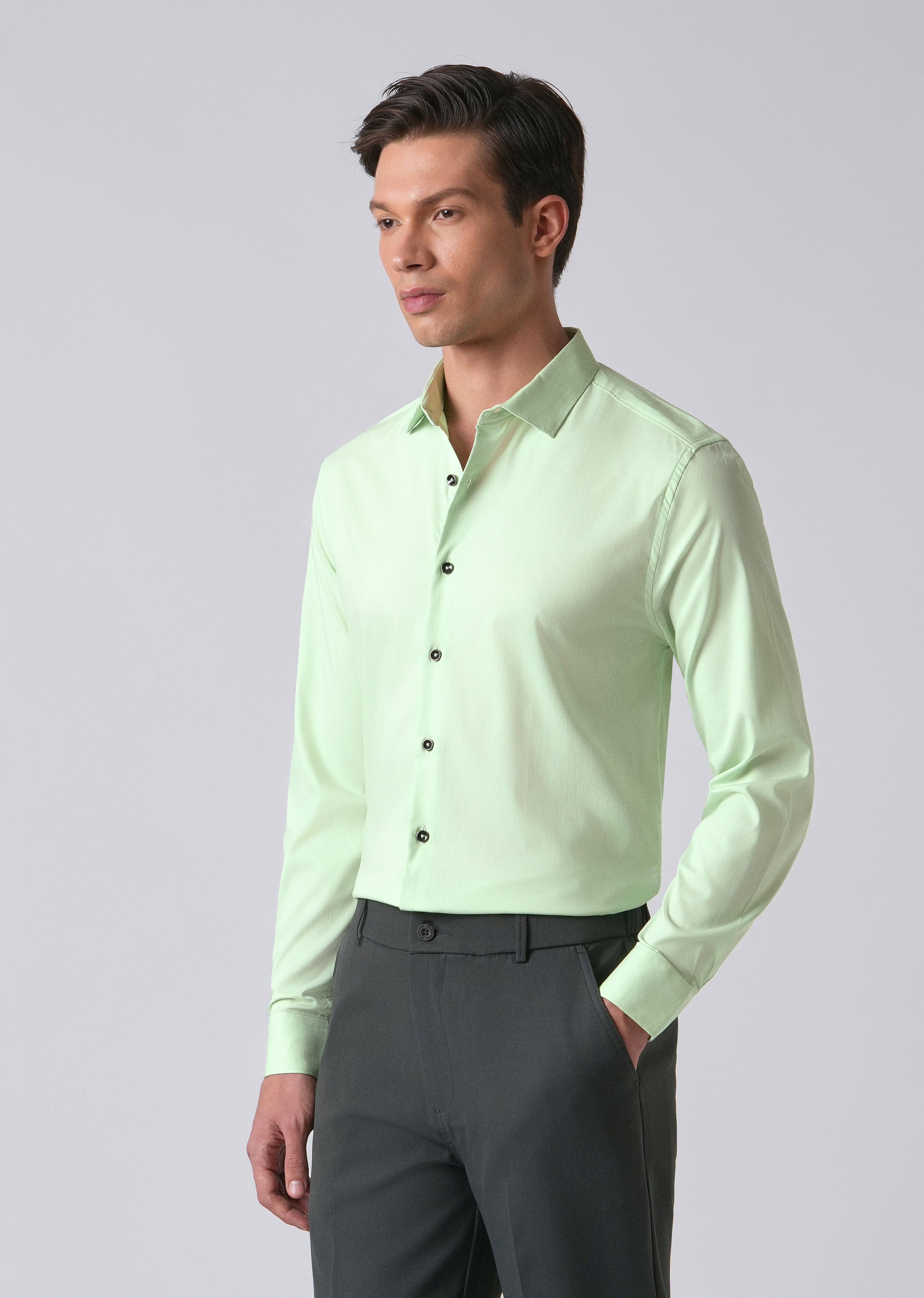 Pastel Green Cotton Stretch Plain Shirt