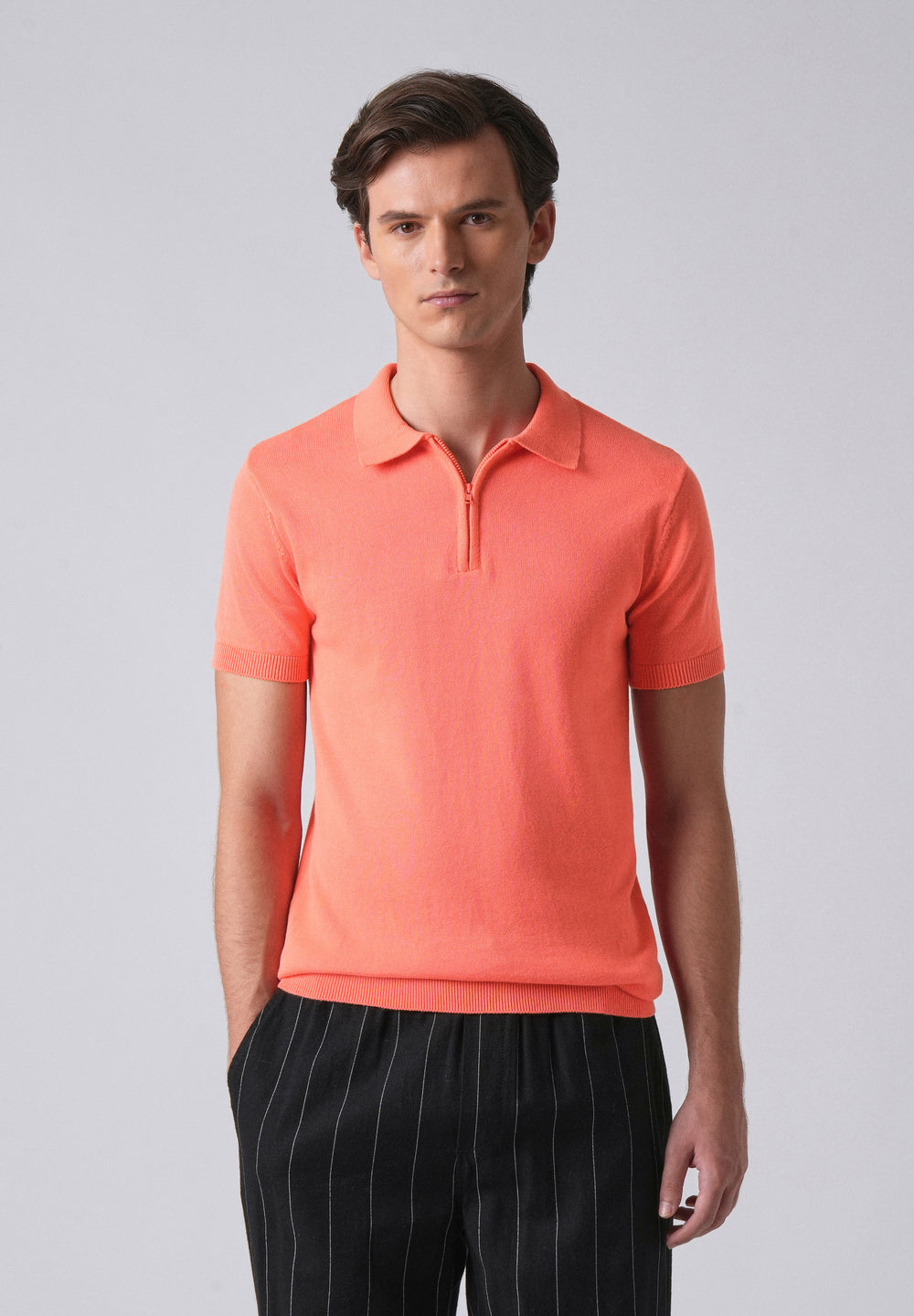 Peach Knitted Polo Zipper T-shirt