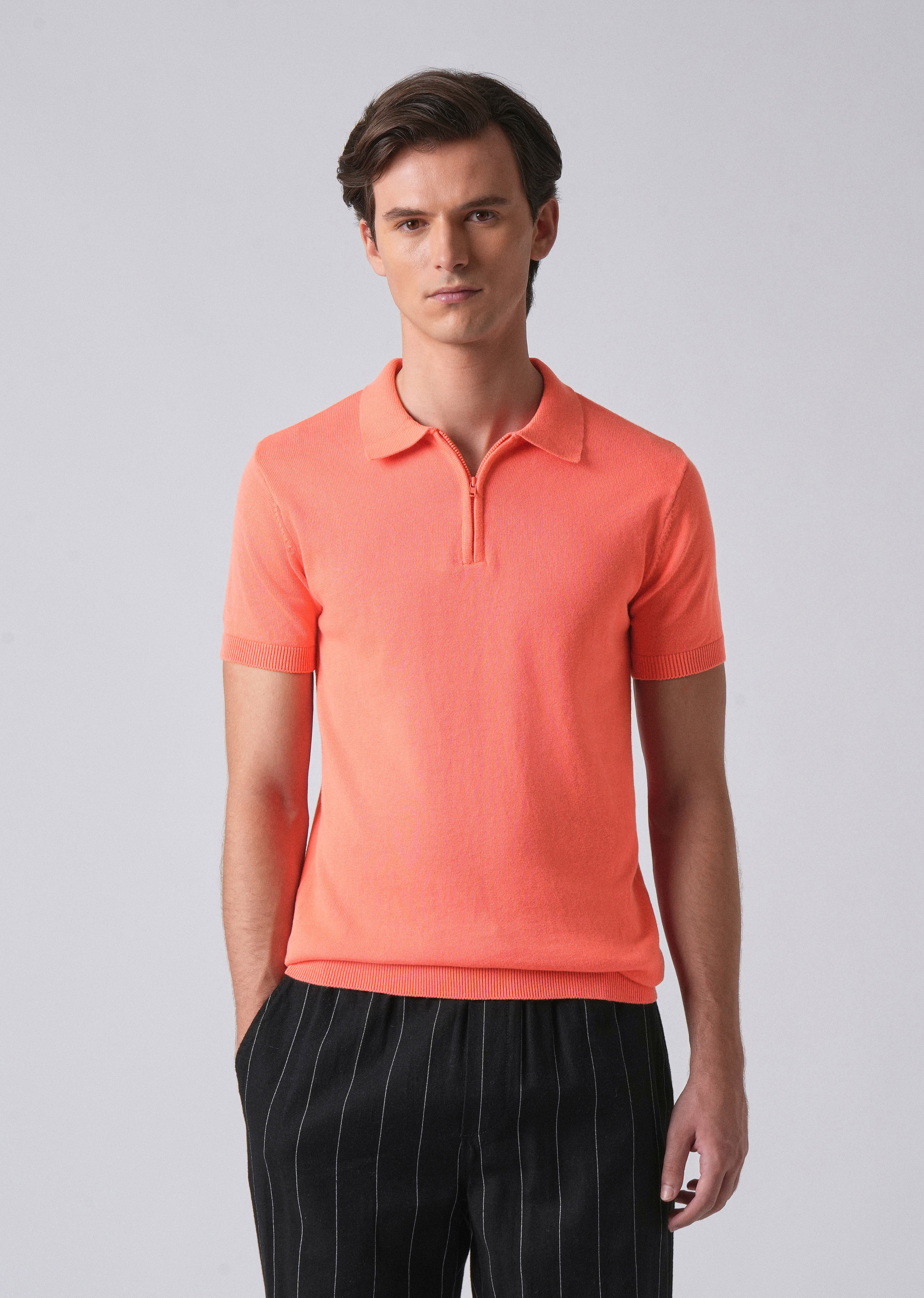 Peach Knitted Polo Zipper T-shirt