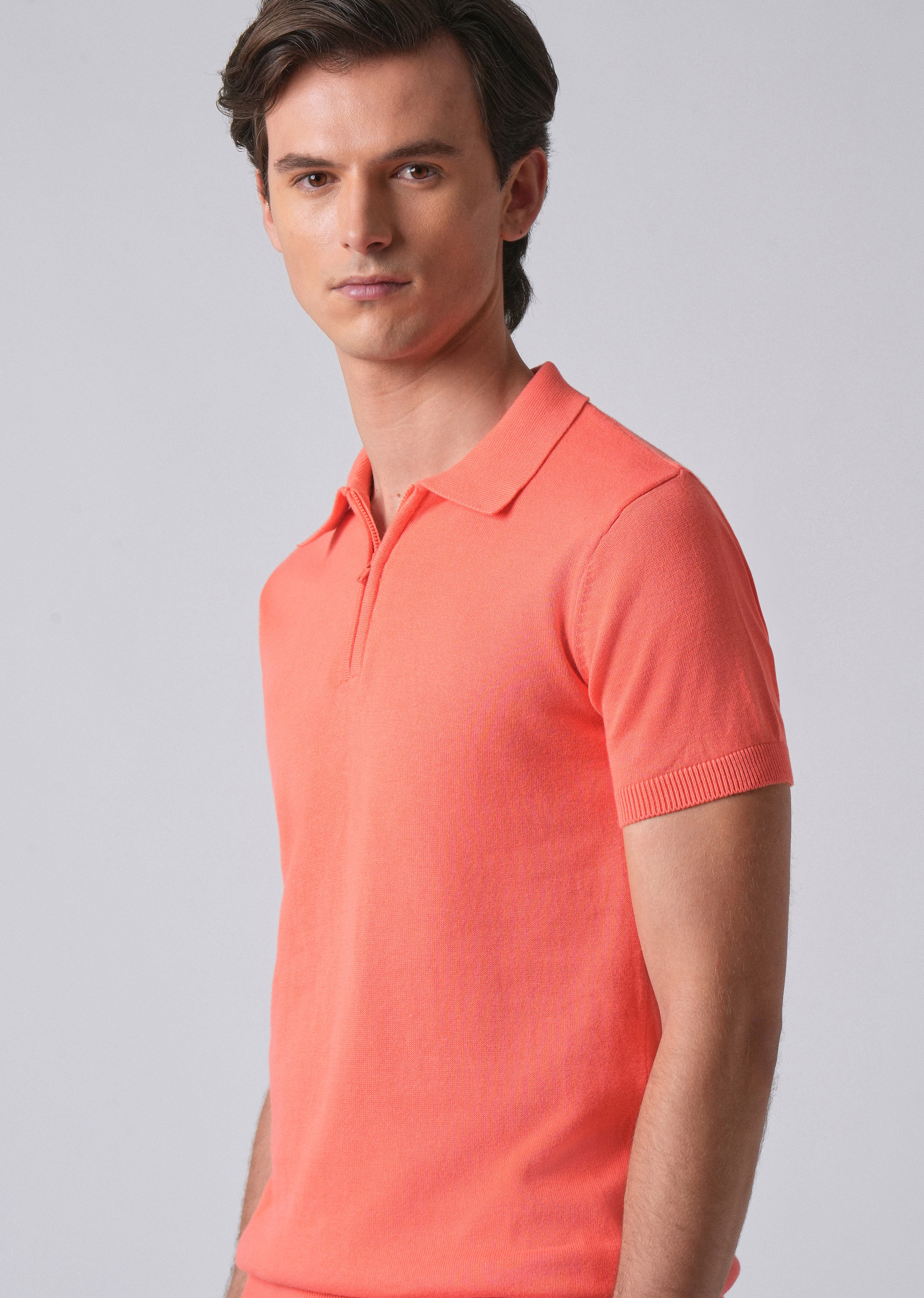Peach Knitted Polo Zipper T-shirt