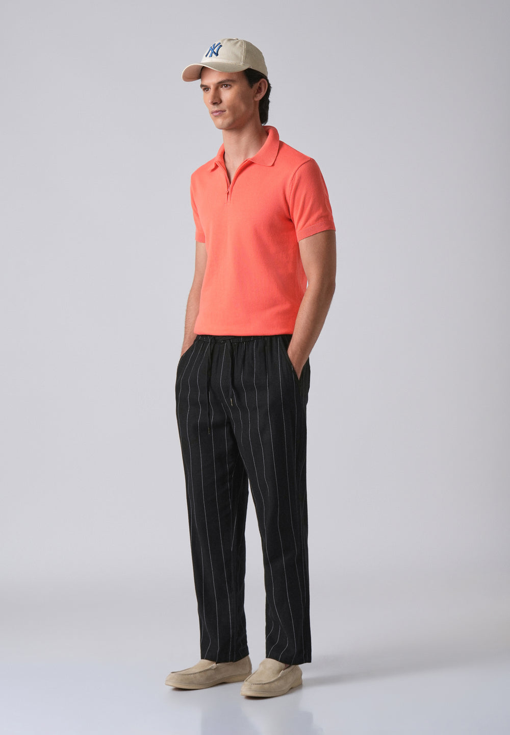 Peach Knitted Polo Zipper T-shirt