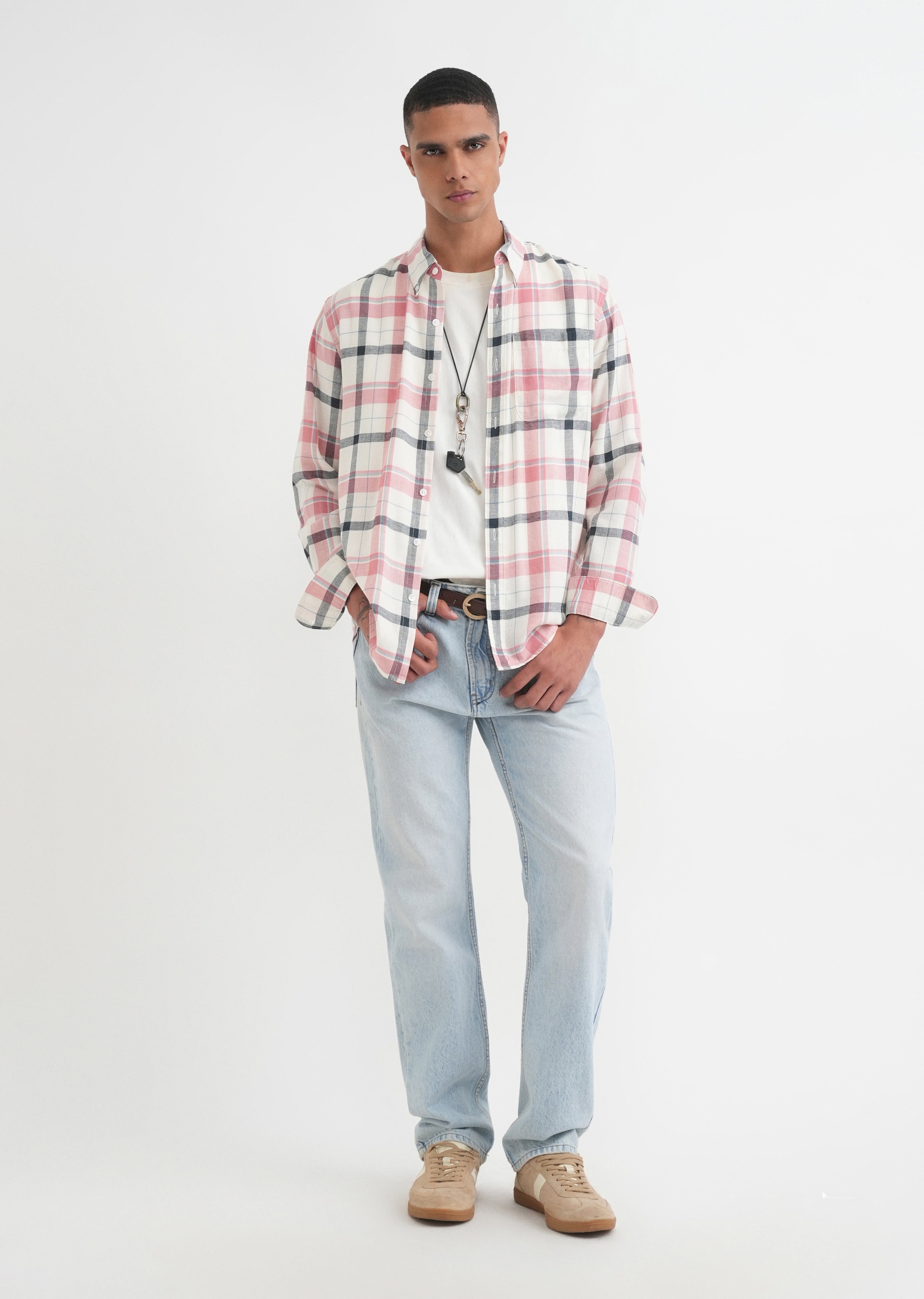Peach Lyocell Linen Check Shirt
