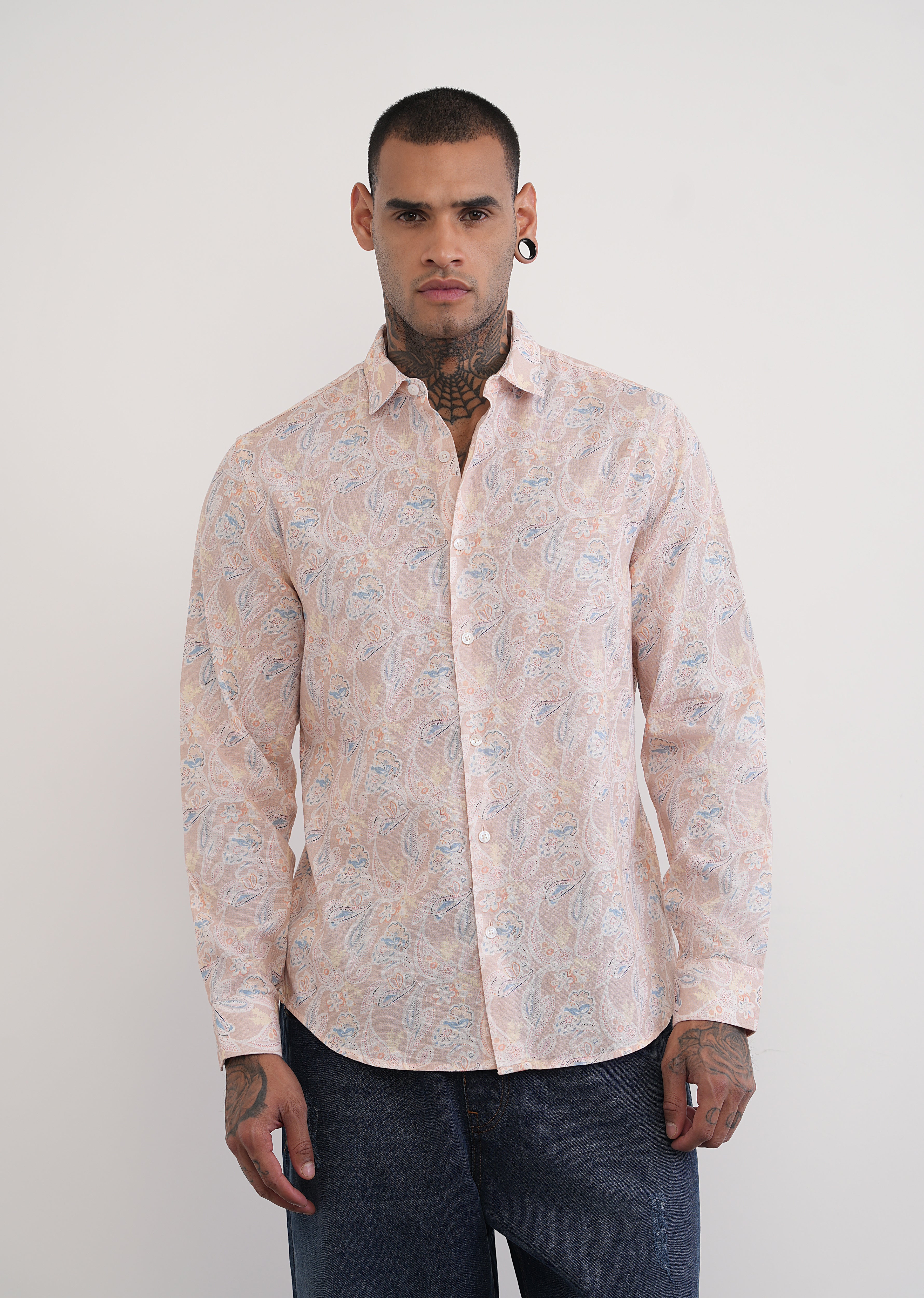 Peach Paisley Print Cotton Linen Shirt