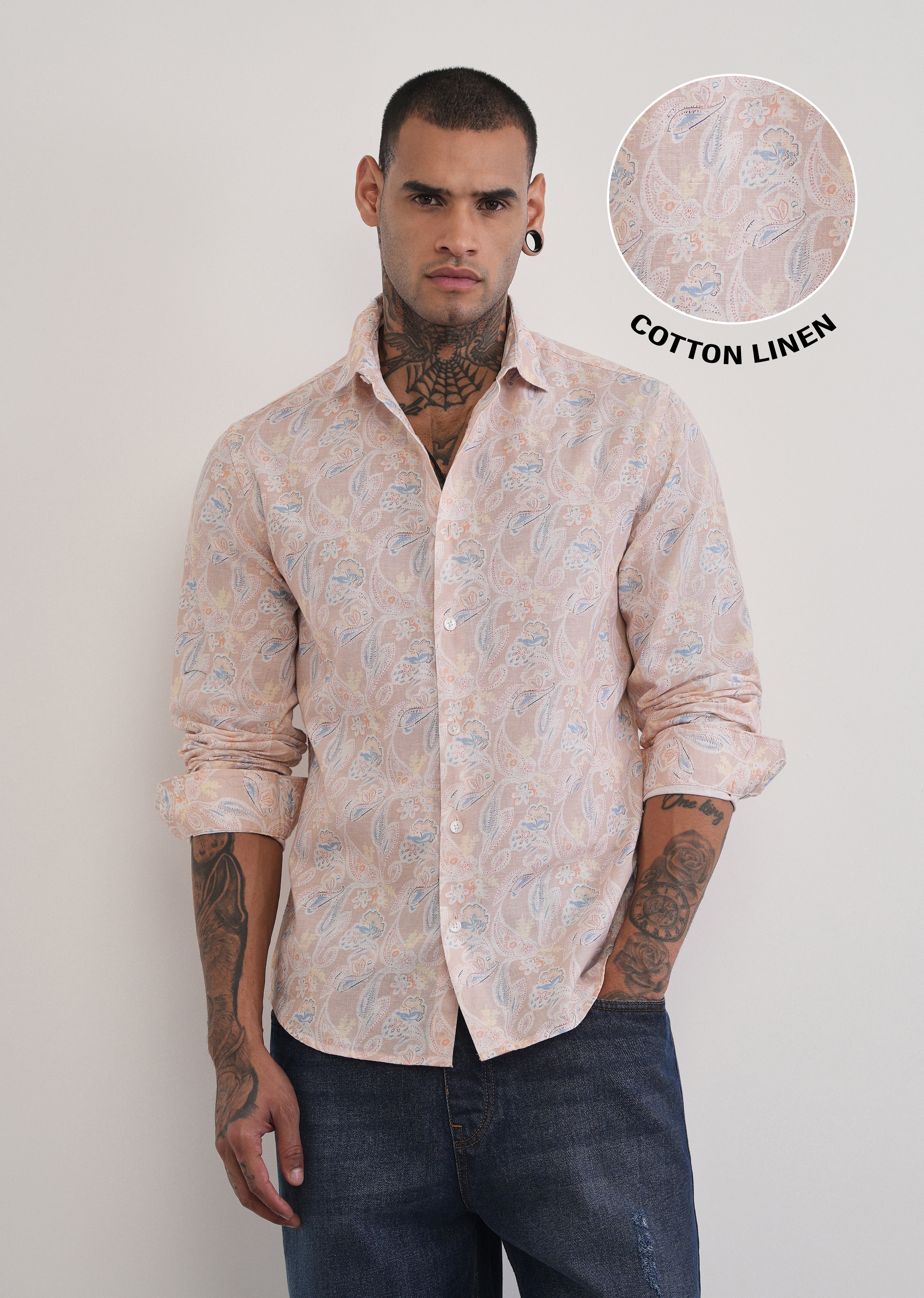 Peach Paisley Print Cotton Linen Shirt