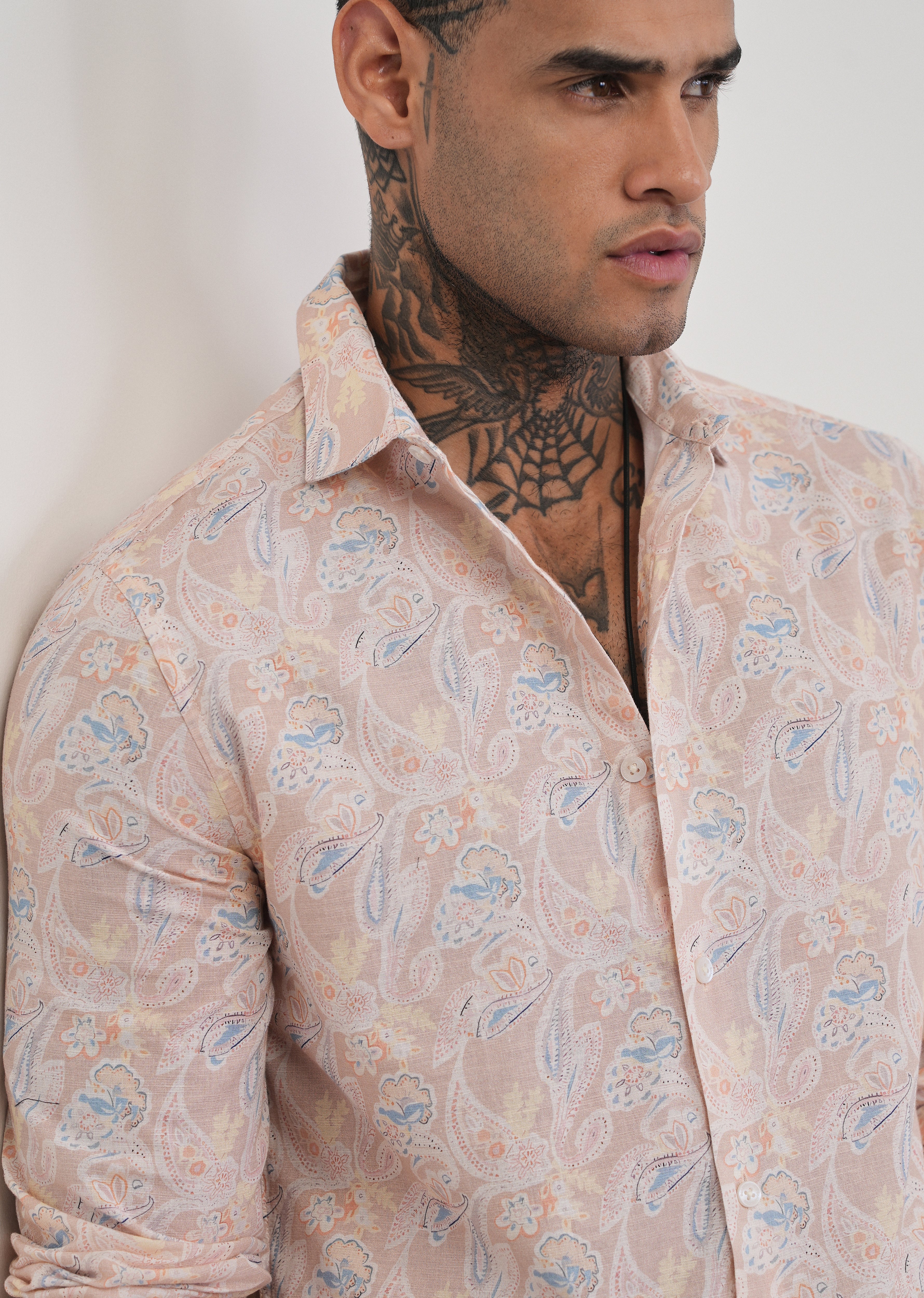 Peach Paisley Print Cotton Linen Shirt