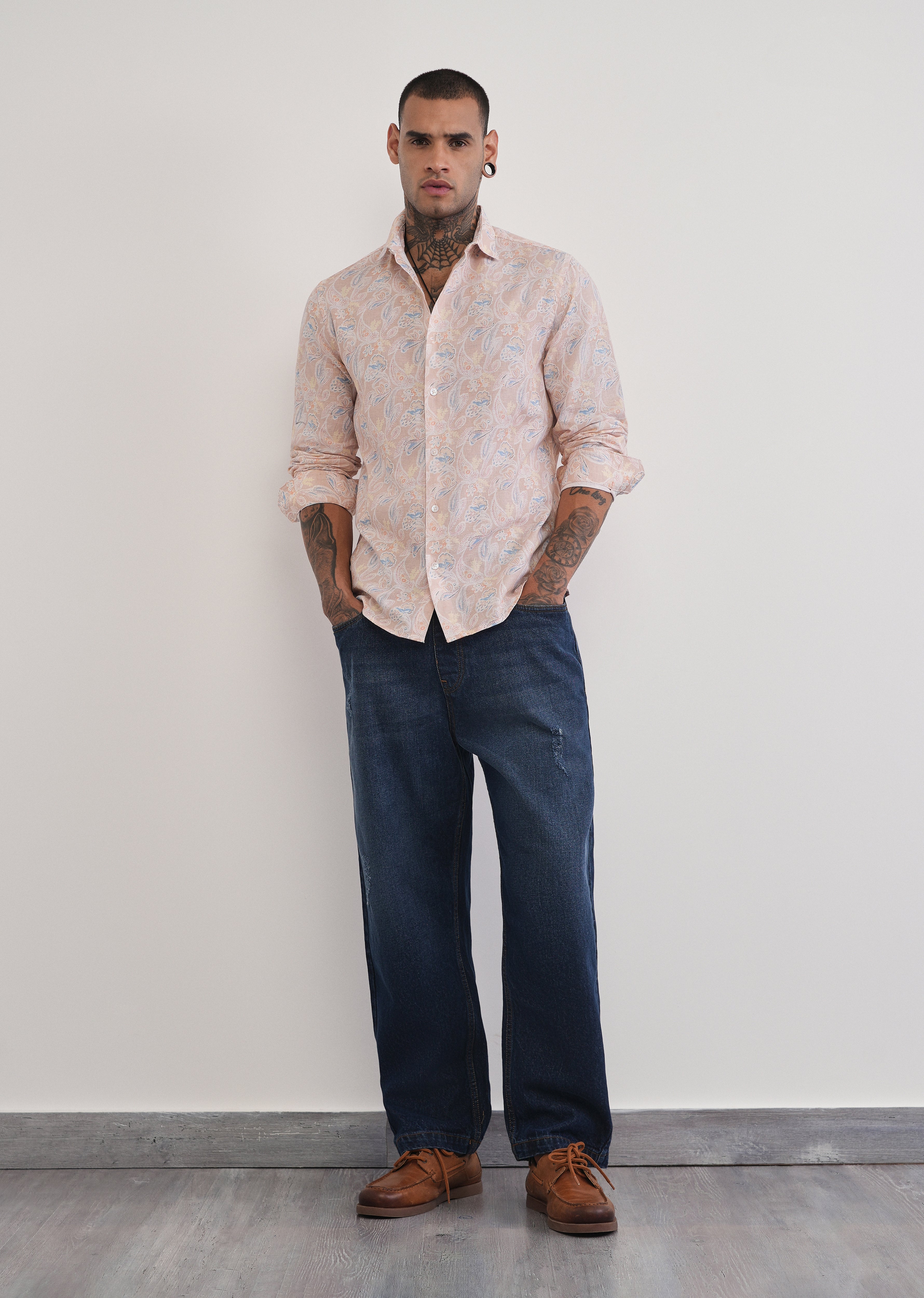 Peach Paisley Print Cotton Linen Shirt