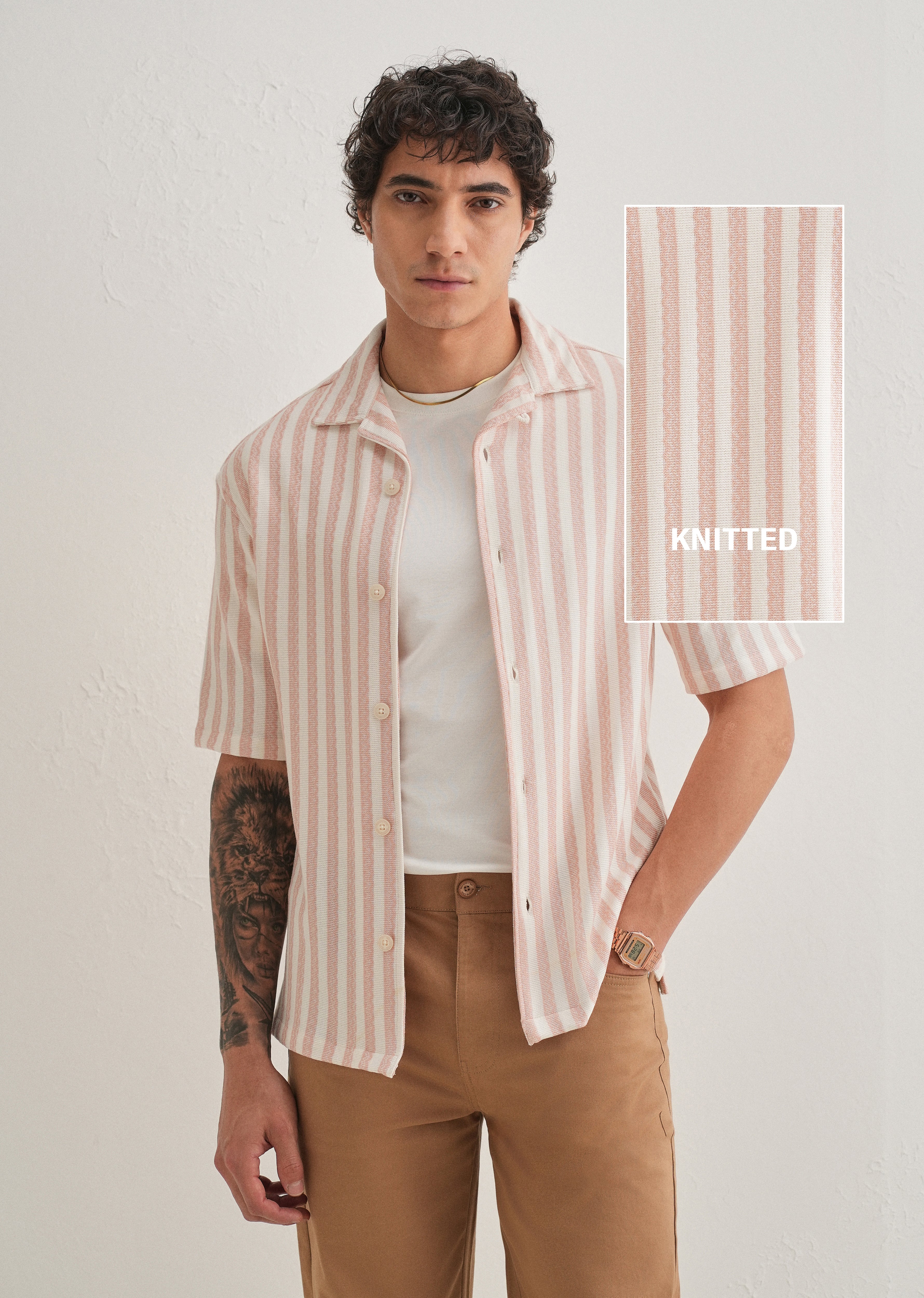 Peach Striped Knit Cuban Collar Shirt