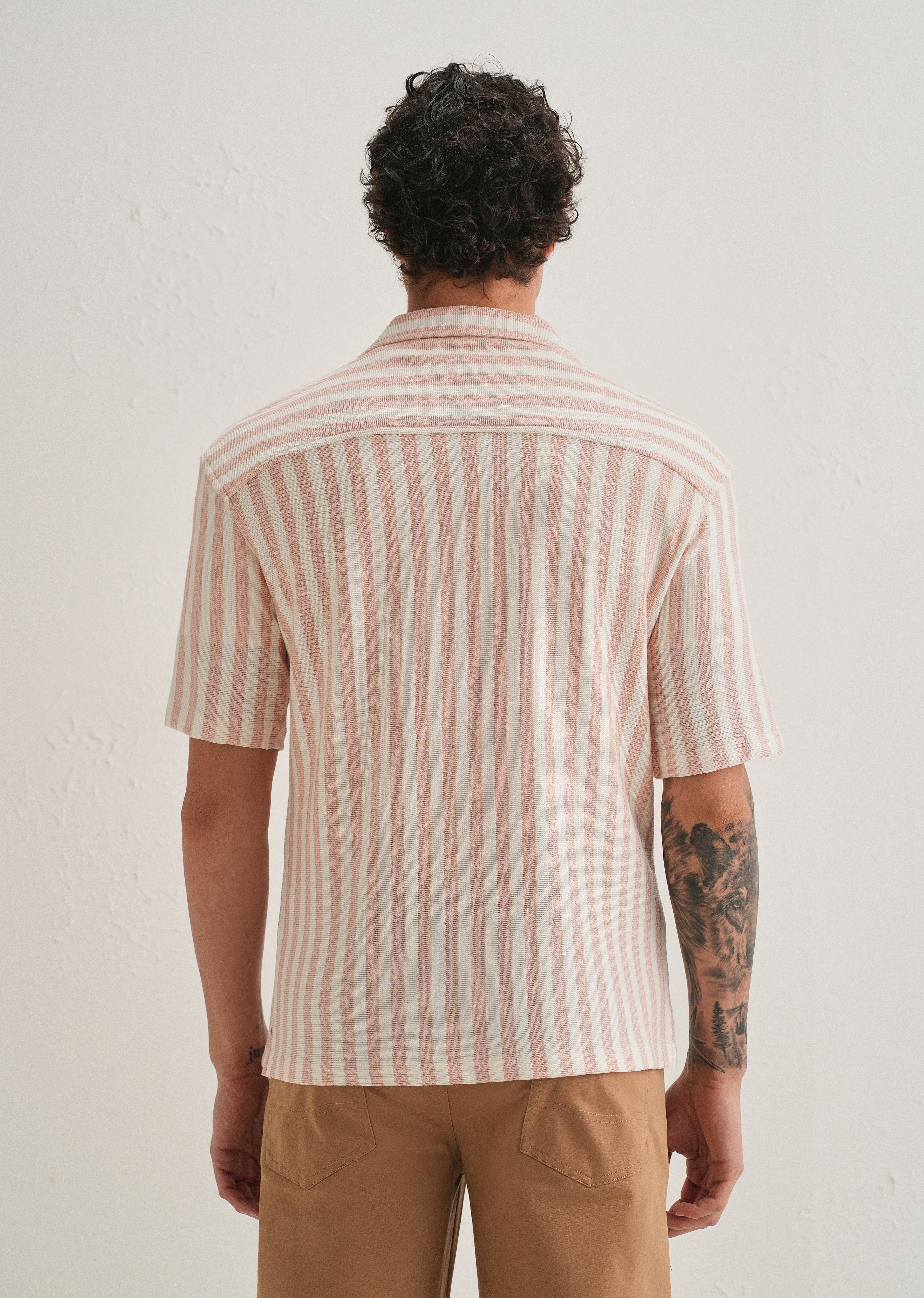 Peach Striped Knit Cuban Collar Shirt