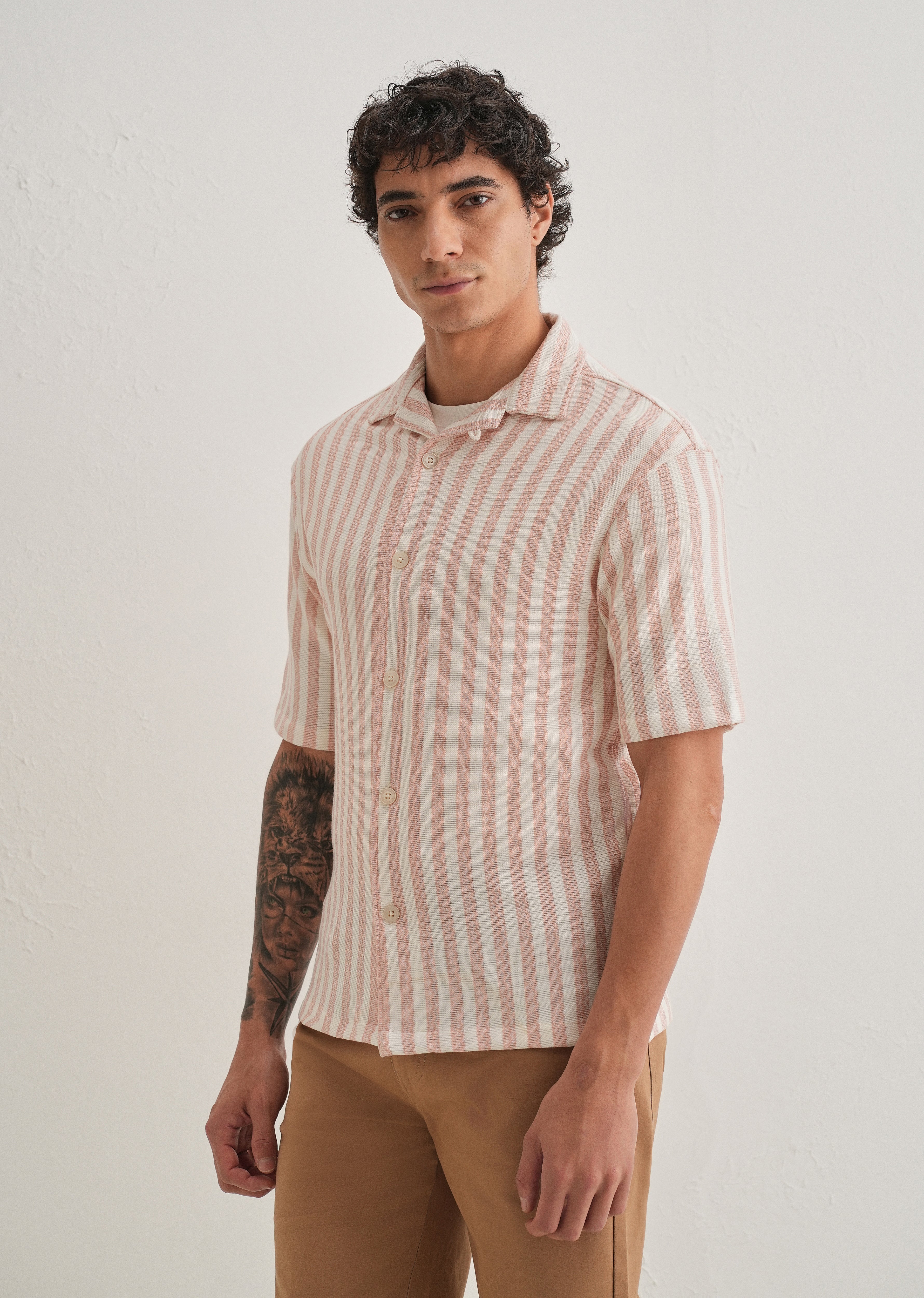 Peach Striped Knit Cuban Collar Shirt