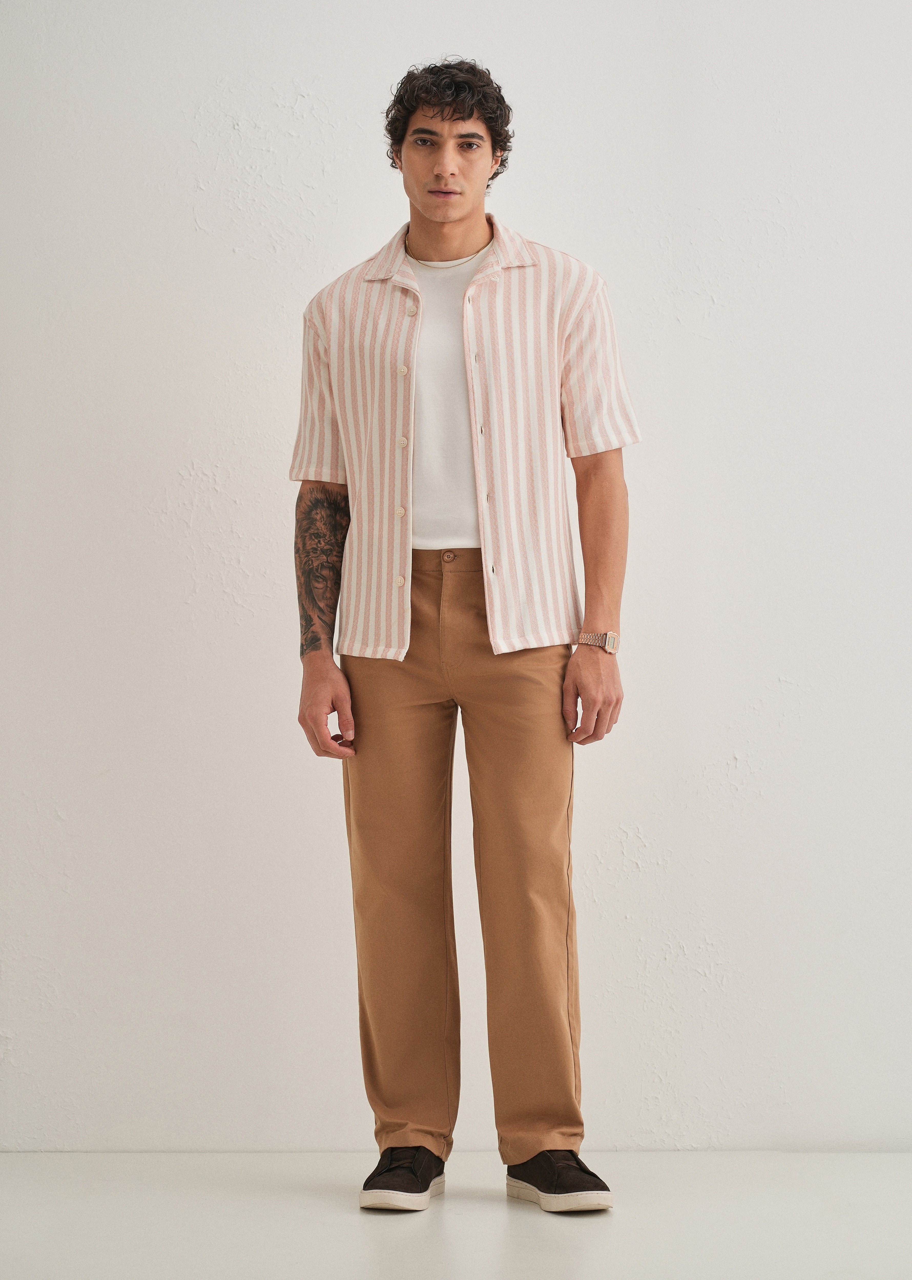 Peach Striped Knit Cuban Collar Shirt