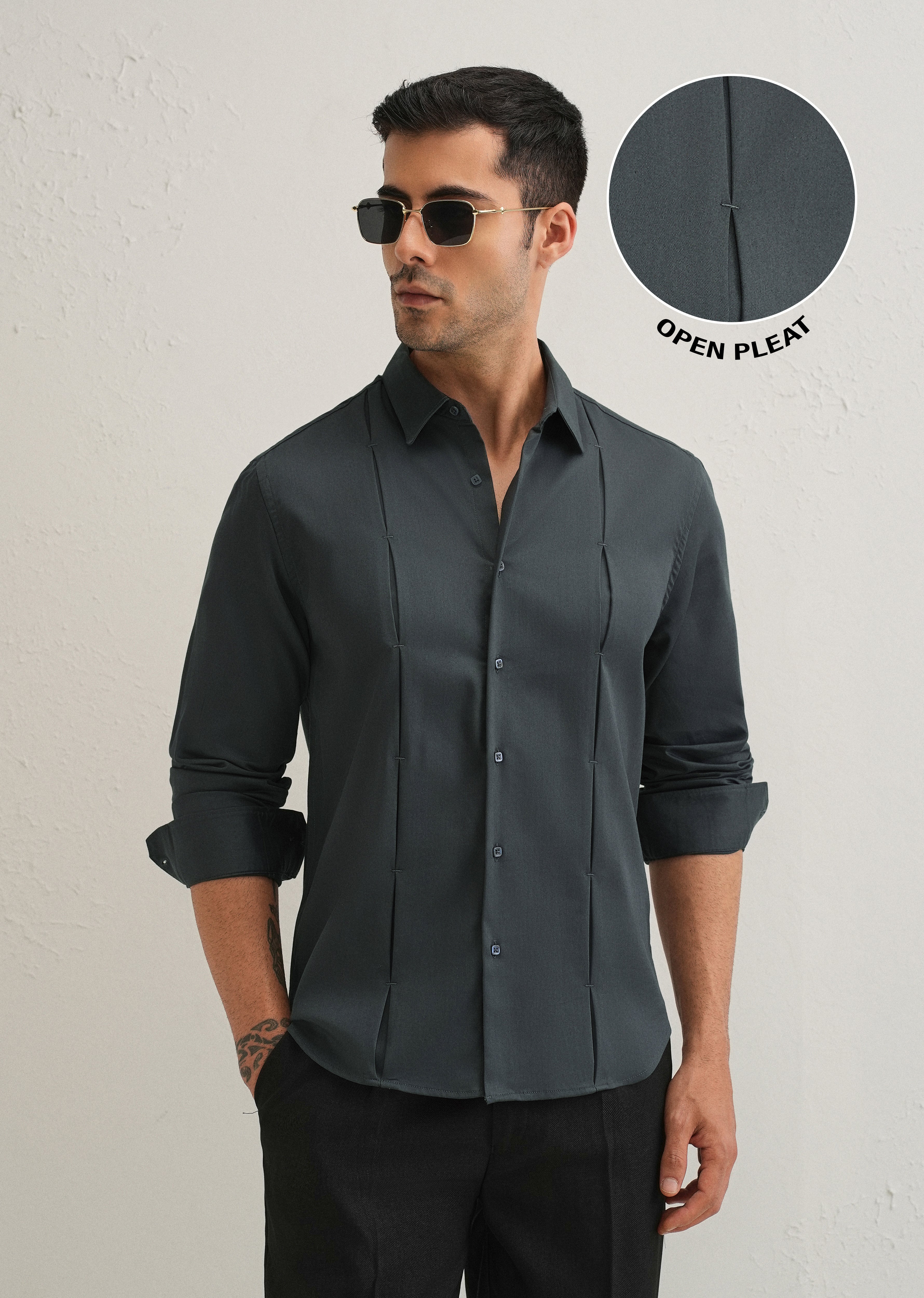 Pebble Grey Front Panel Open Pleat Shirt