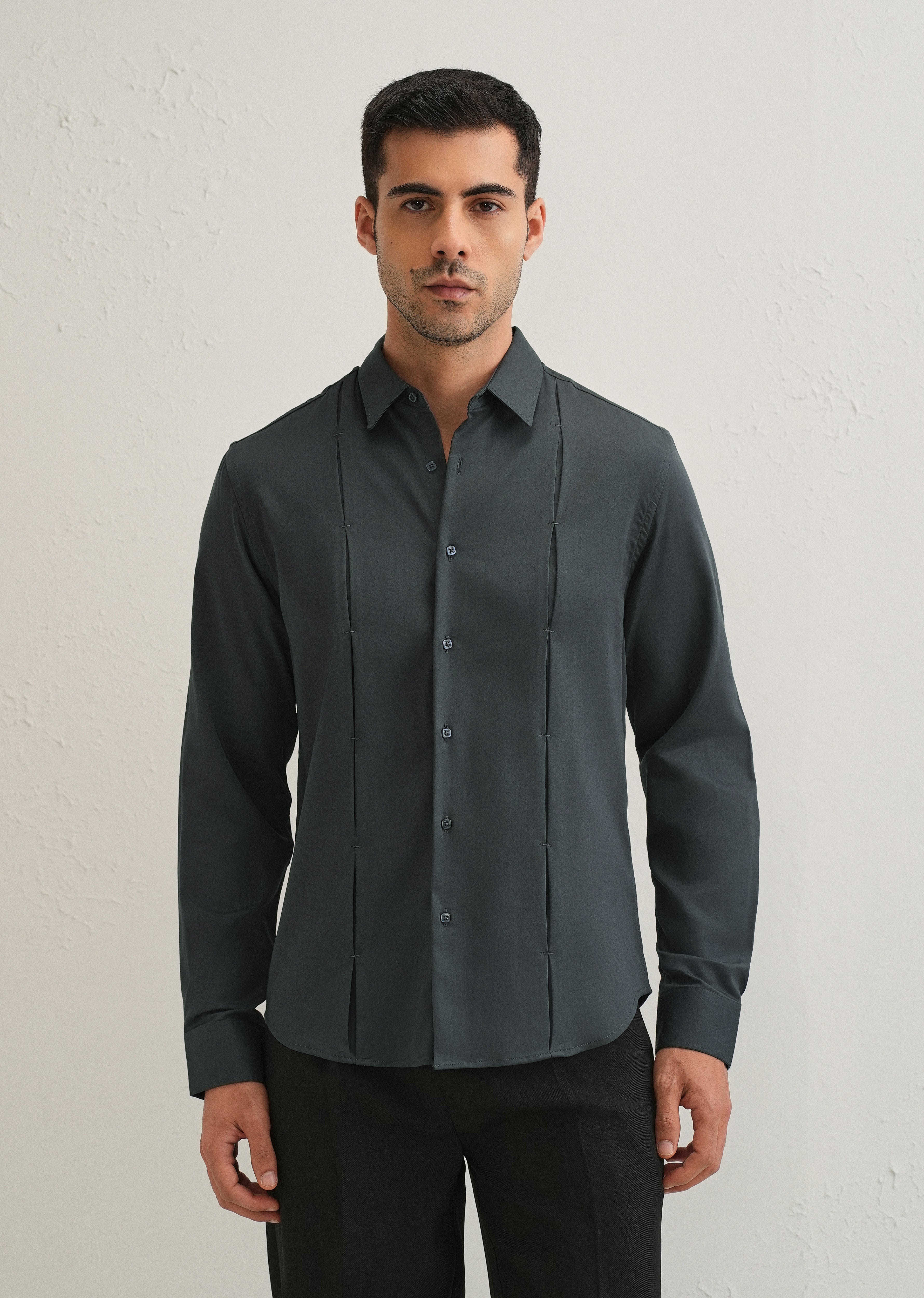Pebble Grey Front Panel Open Pleat Shirt