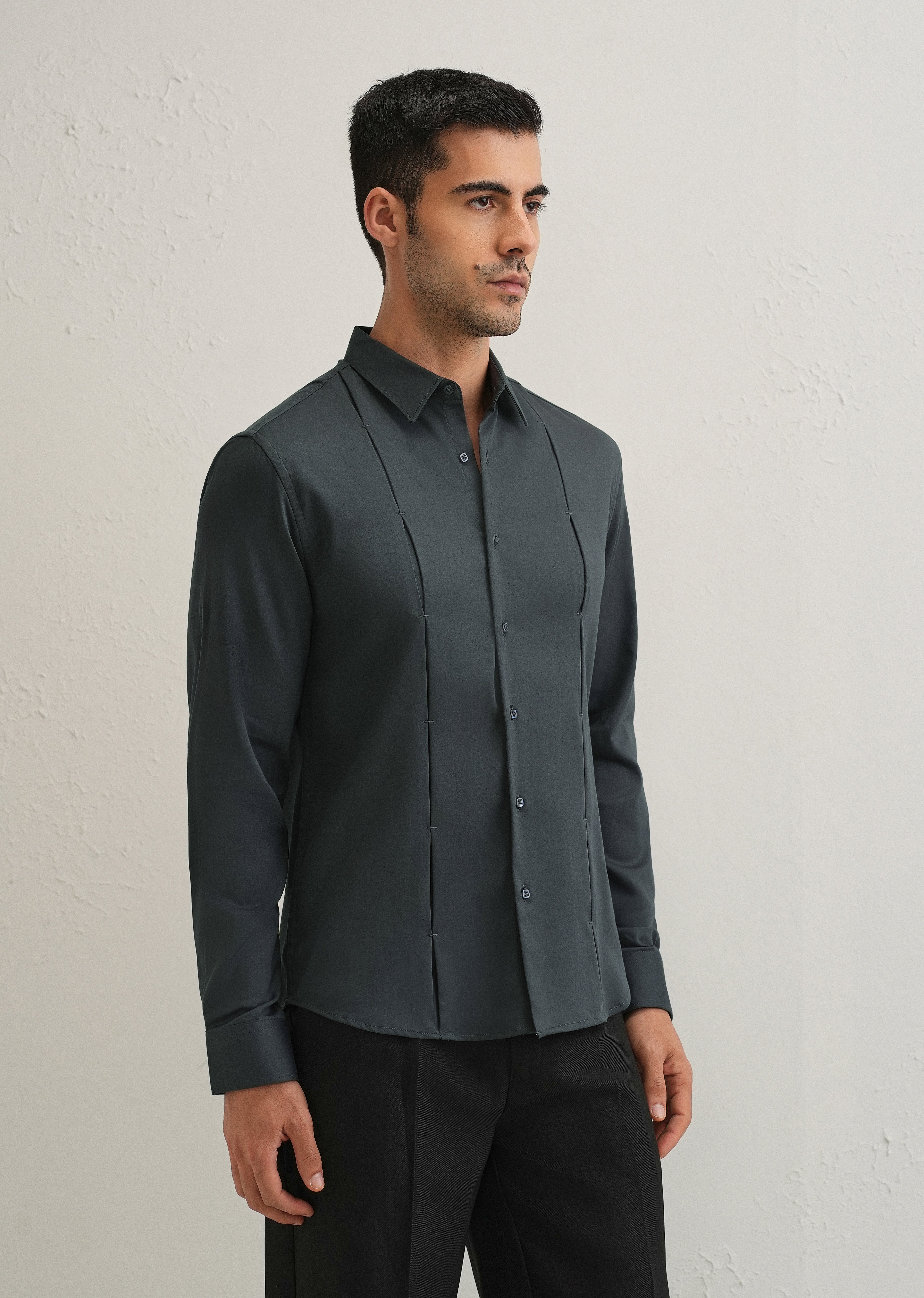 Pebble Grey Front Panel Open Pleat Shirt