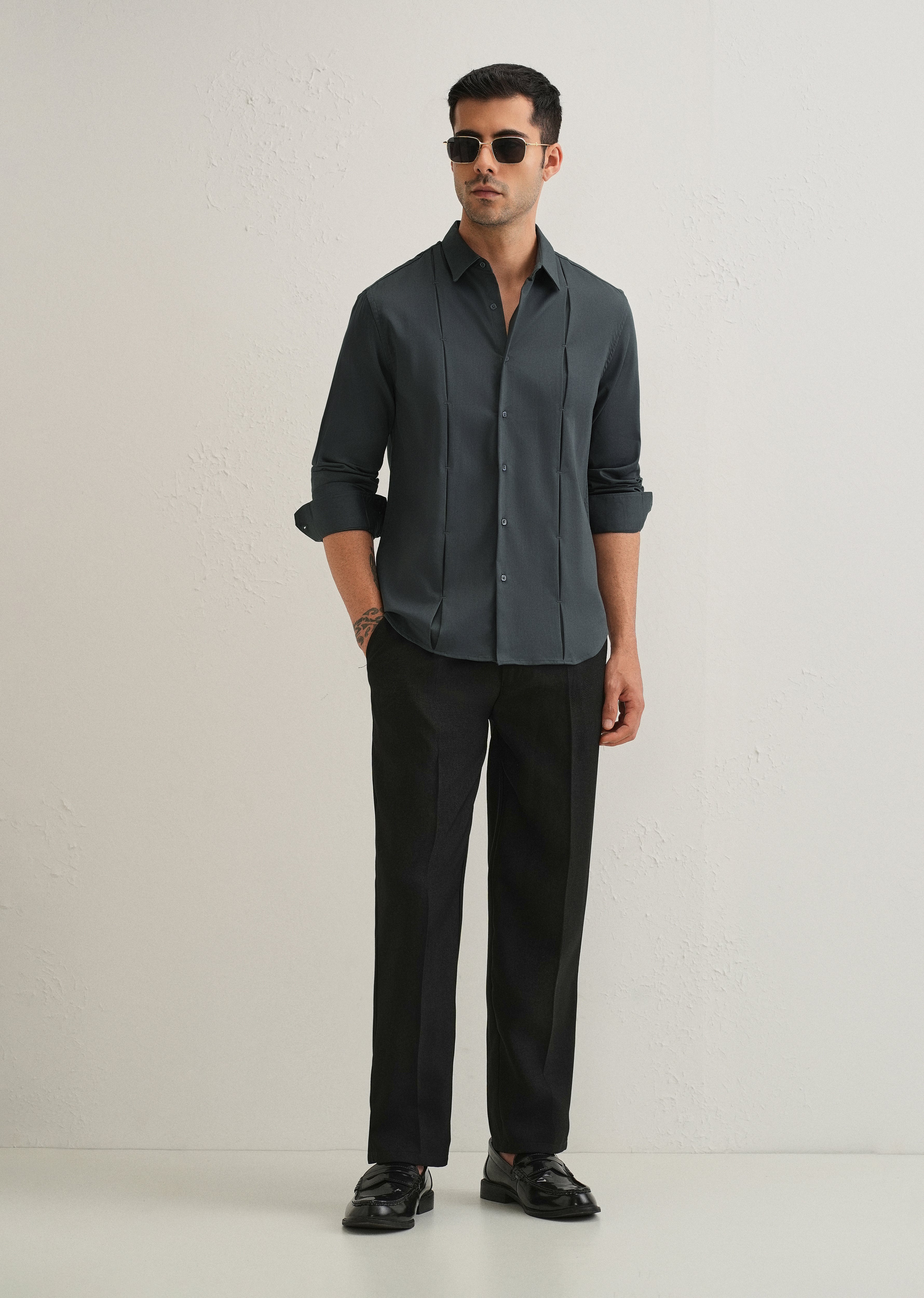 Pebble Grey Front Panel Open Pleat Shirt