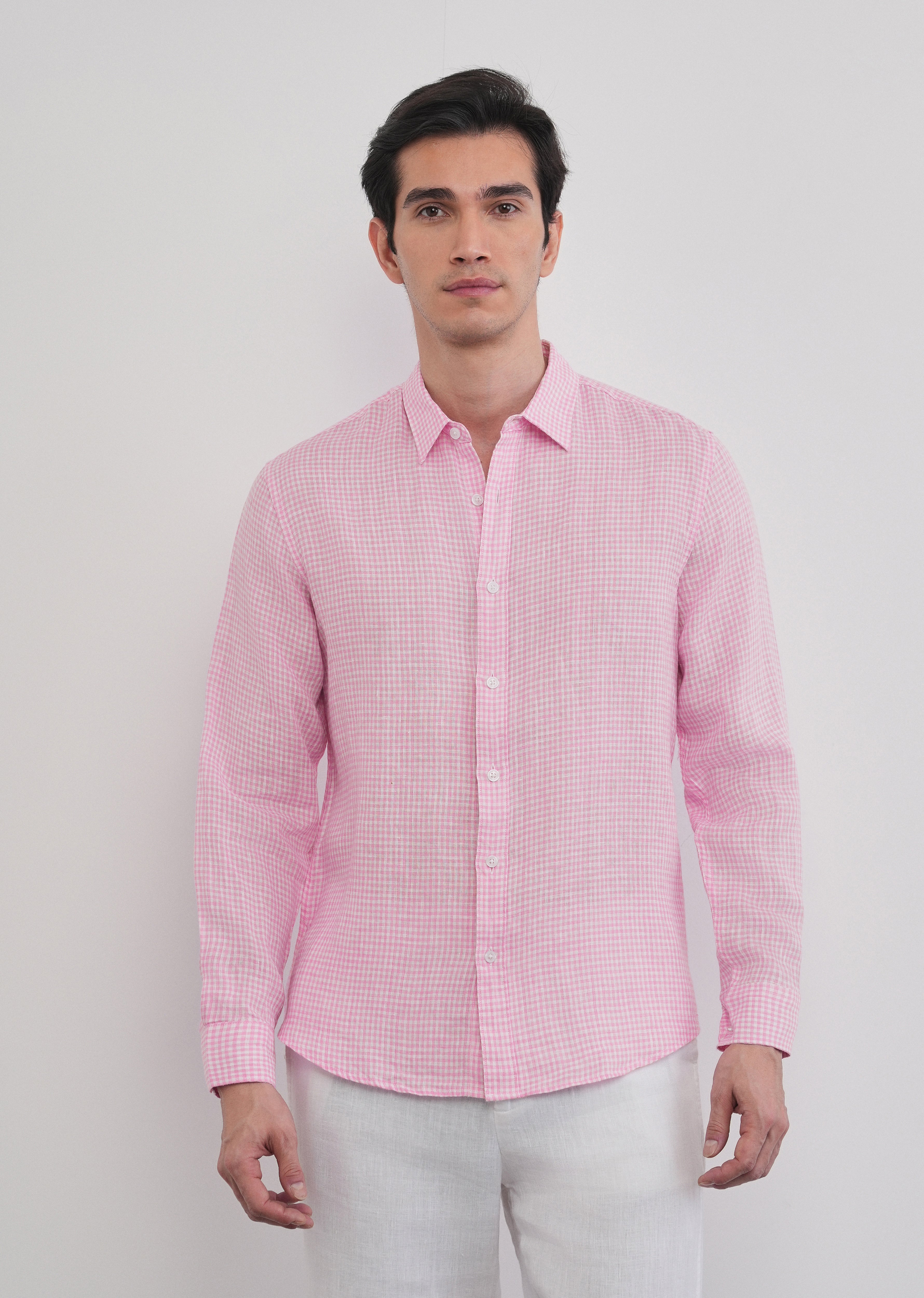 Pink 100% Pure Linen Gingham Check Shirt