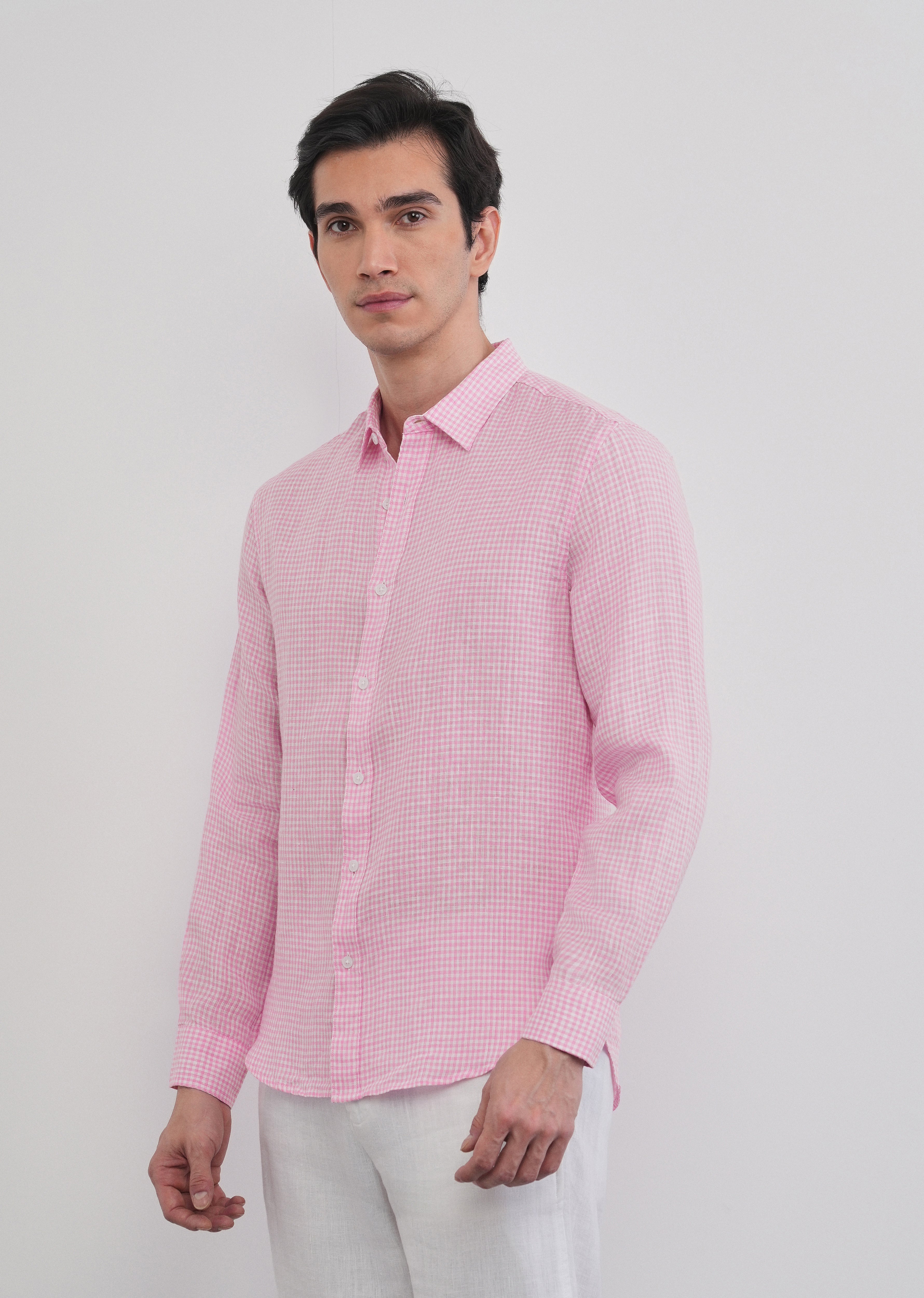 Pink 100% Pure Linen Gingham Check Shirt
